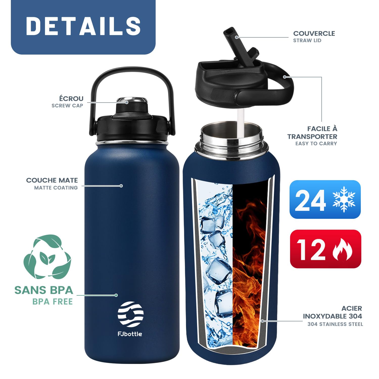 Fjbottle Borraccia Termica con cannuccia - 2xTappi - 950ML/1200ML Bottiglia Termica - Senza BPA/Senza Perdite Borracce acciaio inox per Scuola, Sport, Palestra, Ciclismo