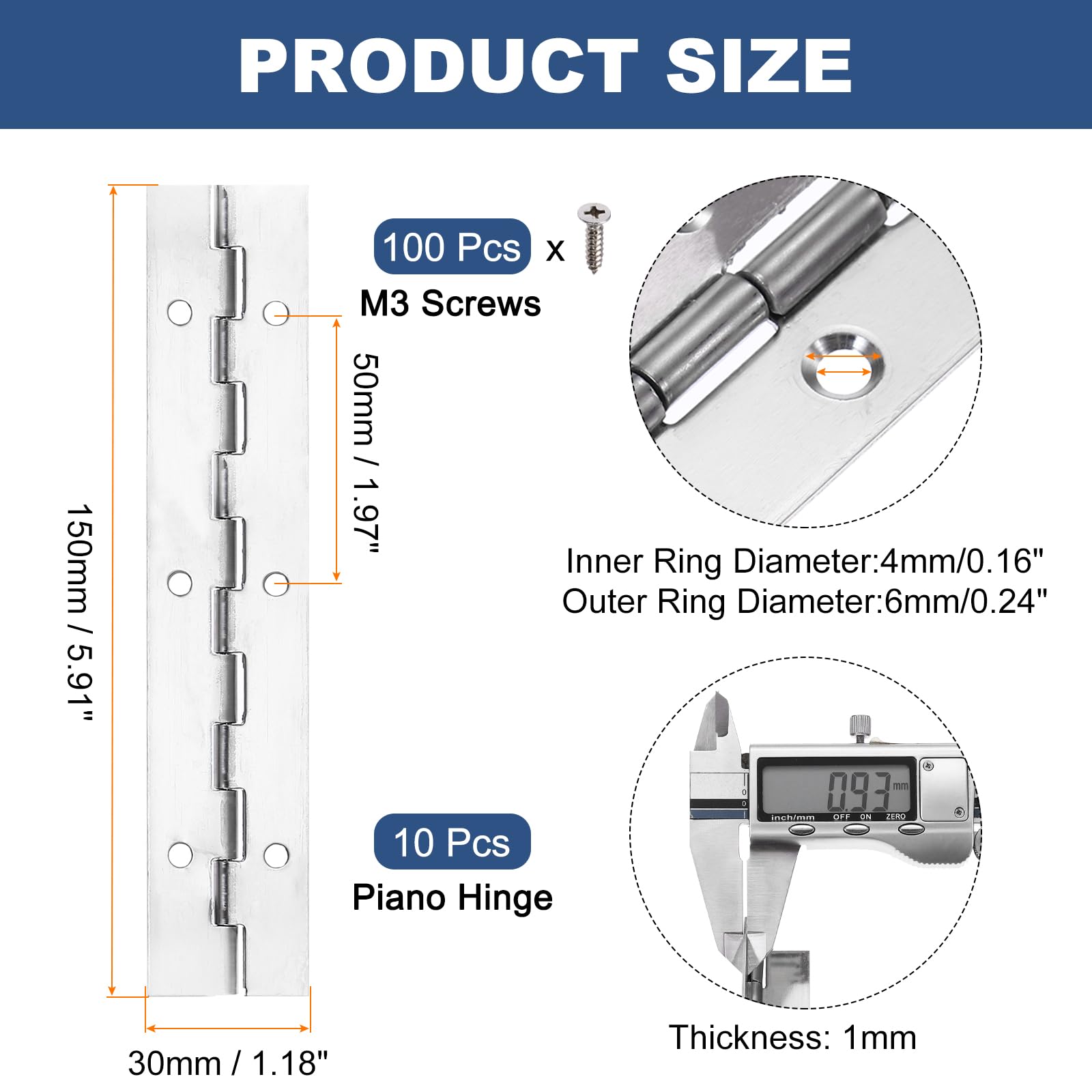 PATIKIL 6x1.2 Inch Piano Hinge,10 Pcs 304 Stainless Steel Continuous Hinge with Holes for Piano Gate Door Wooden Storage Box Cabinet Boat,Silver - Image 2