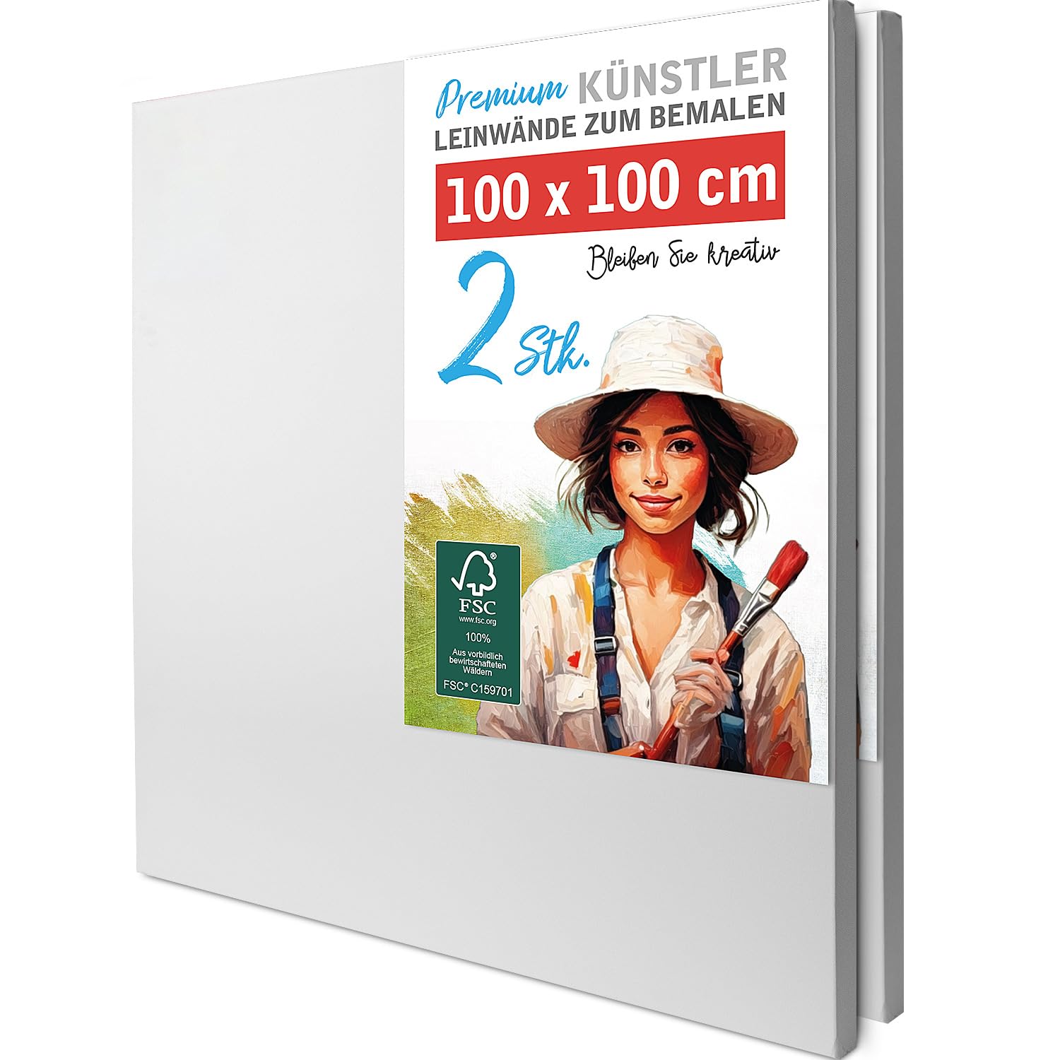 M MERCEO 2 Stück XXL Künstler-Leinwand Set zum Bemalen 100x100 cm – 100% Baumwolle 380 g/m², 2-fach grundiert – stabiler 37mm Keilrahmen für Acryl & Öl