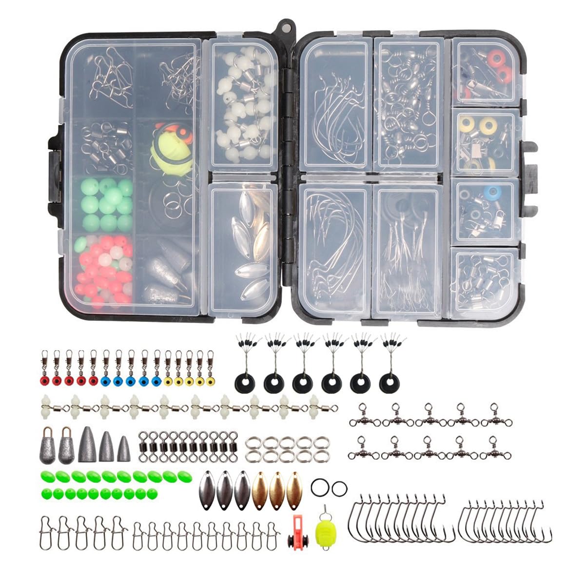 FOLANDO 183pcs Accessories Kit, Jig Hooks Bullet Bass Casting Weights Swivels Snaps Fishing Gear Set with Tackle Box