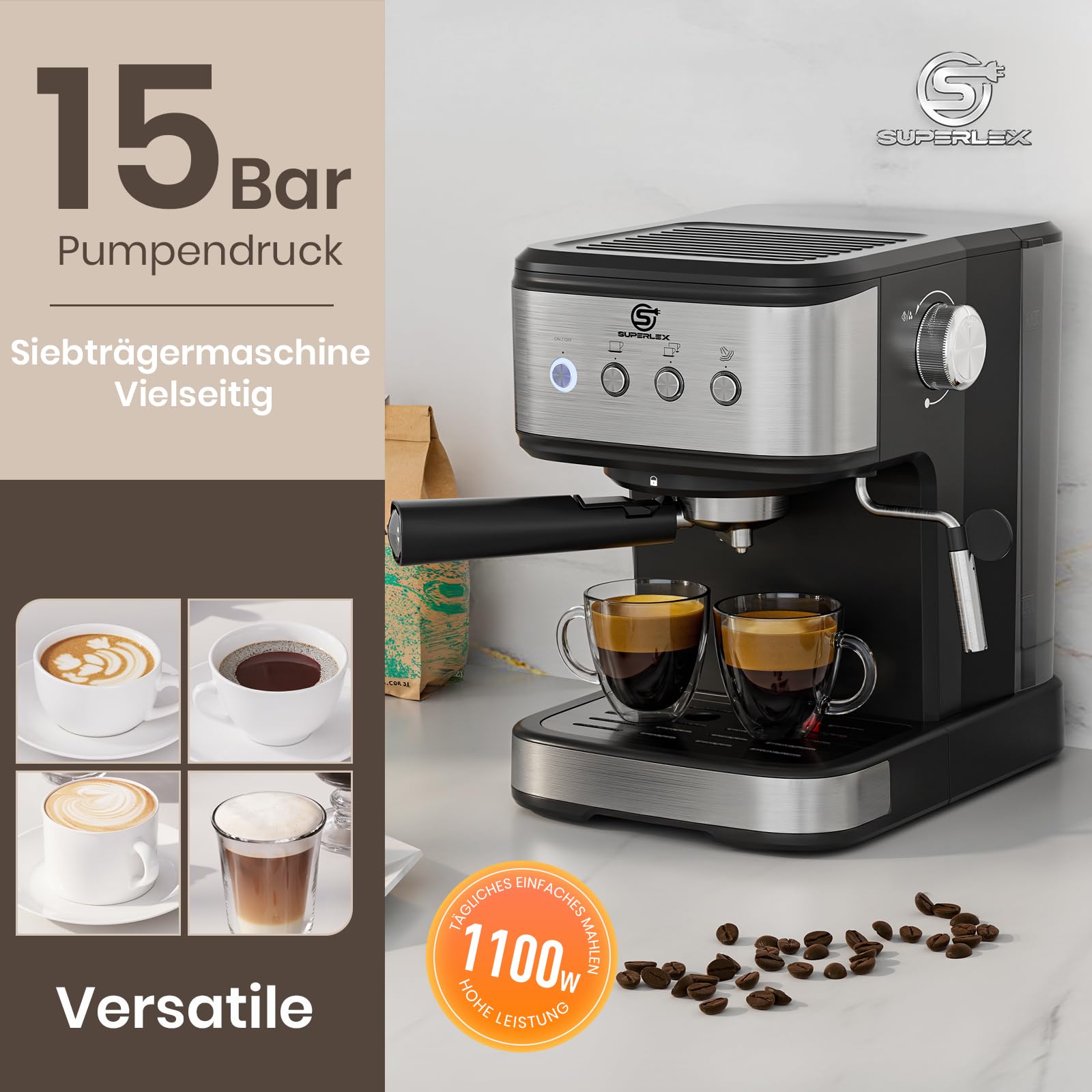 Porte-filtre pour machine à expresso, en acier inoxydable, 15 bars, pression 1100 W, pour machine à café expresso, cappuccino, latte, réservoir d'eau de 1,5 l, machine à café compacte