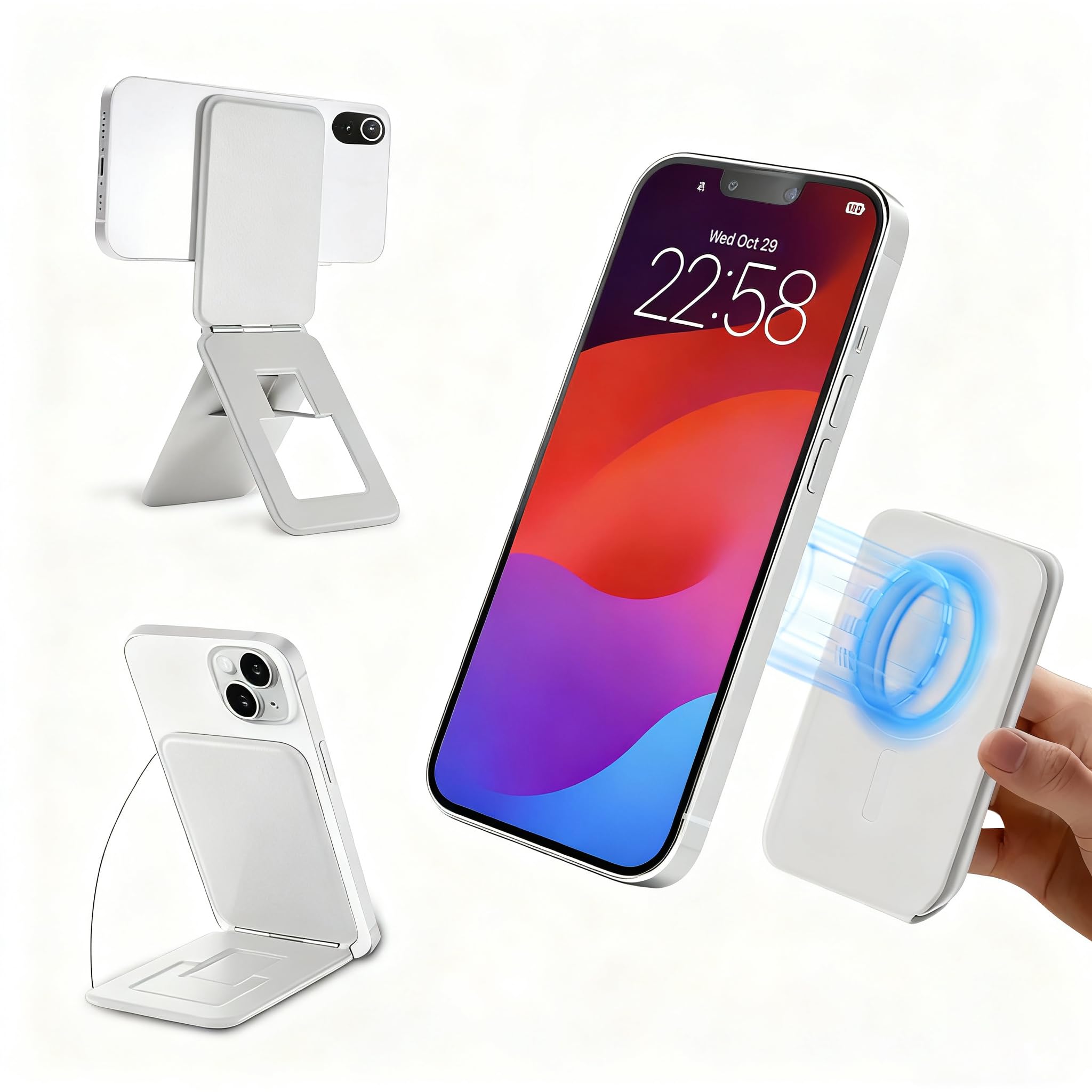 Kompatibel mit Phone 12–17 Serie, schmaler Schreibtisch, veganes Leder, inklusive 1 Magnetring, der an jeder Handyhülle befestigt werden kann (grauweiß)