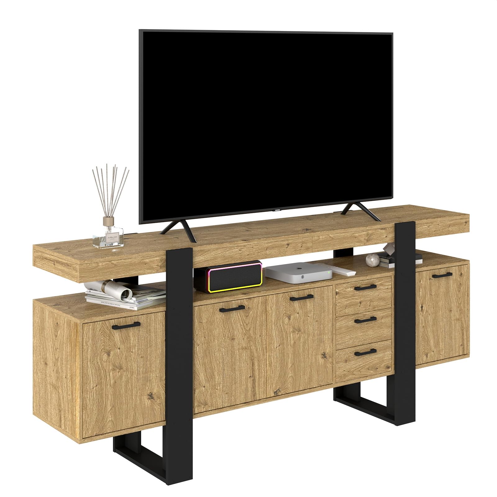 Mueble TV 180cm - Mueble TV Estilo Industrial, Muebles de Salon con 2 Cajones y 2 Puertas Armario, con Luces LED, Estructura Imitación Roble+Marco Negro, apto para Salón/Dormitorio 180x40x80cm