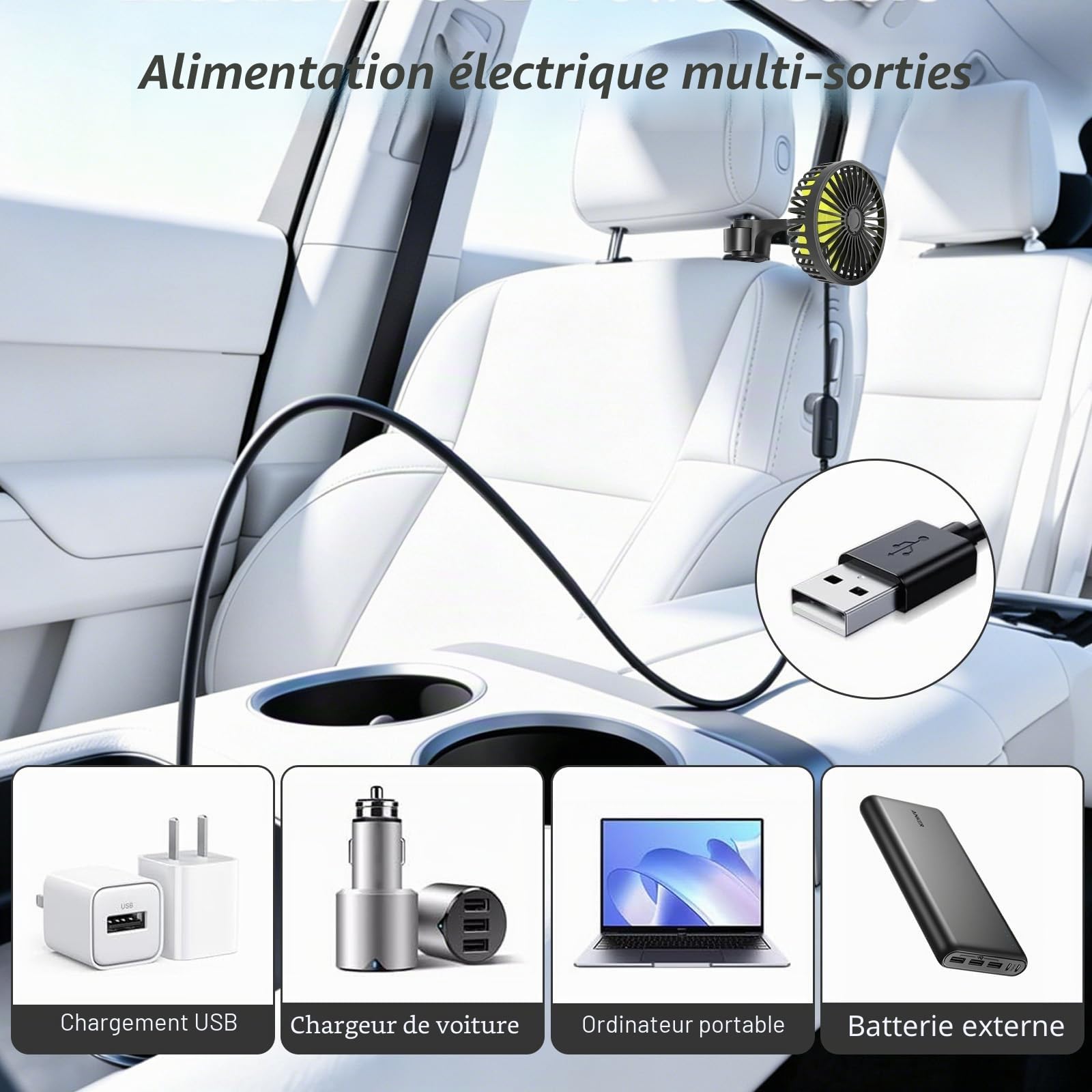 Ventilateur de voiture USB, rotation 360°, 3 vitesses, ventilation USB pour siège arrière, mini ventilateur pour camion 12V, camping-car, bateau et caravane