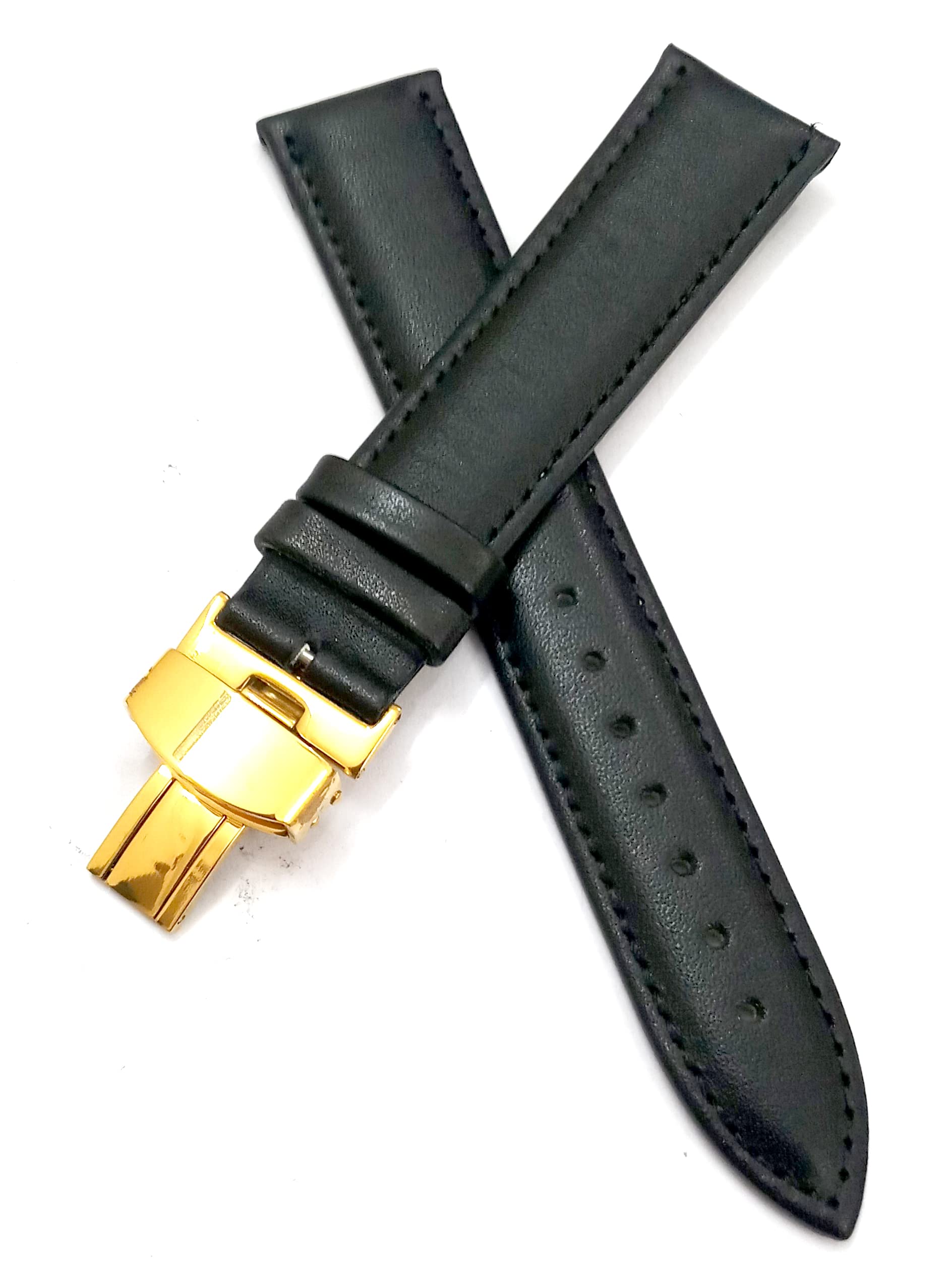 g2424mm Genuine Leather Black Watch Band Strap for Men and Women | Comfortable and Durable Material | Deployment Golden Buckle-A4