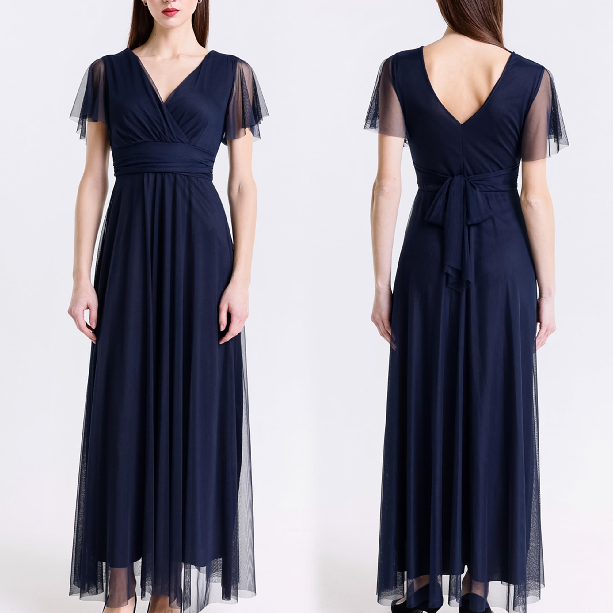 Abito Lungo Elegante Donna con Maniche Volant e Scollo a V – Vestito da Cerimonia Made in Italy