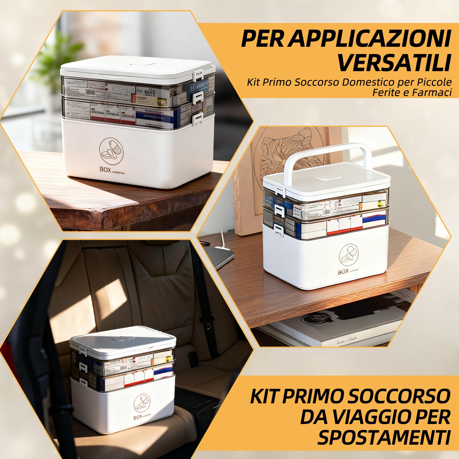 Grande scatola per medicinali a tre strati con maniglia per il trasporto, kit di pronto soccorso, scatola multifunzione portatile, adatta per l'organizzazione di farmaci, materiale di primo soccorso e
