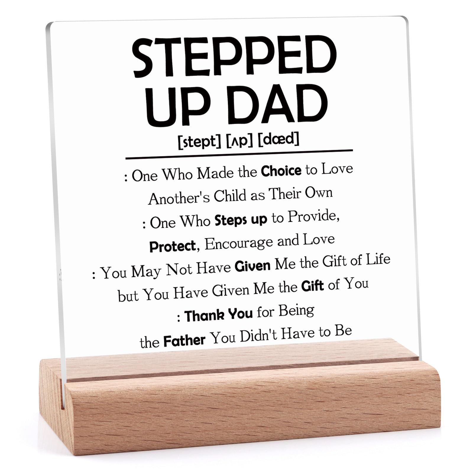 Christmas Fathers Day Birthday Gifts for Stepdad Bonus Dad Stepped Up Dad Gifts Clear Desk Decorative Sign Thank You Gift from Stepdaughter Stepson Acrylic Plaque with Wooden Stand Step Father Husband