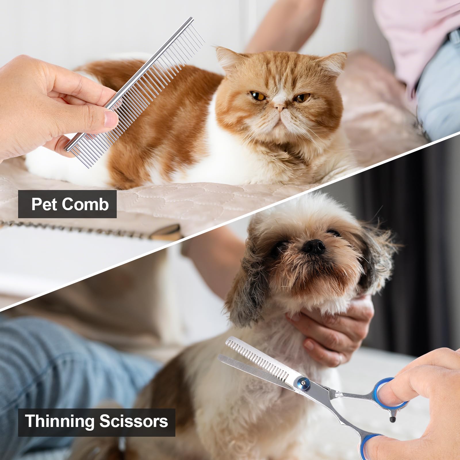Hundeschere Set Profi 7PCS Hundeschere Gebogen Schere für Hunde Fellschere Gerade 7-In-1 Effilierschere Hund Trimmmesser Langhaar Hundekamm mit Taschen für Hunde Katze Tiere Hundefriseur Zubehör
