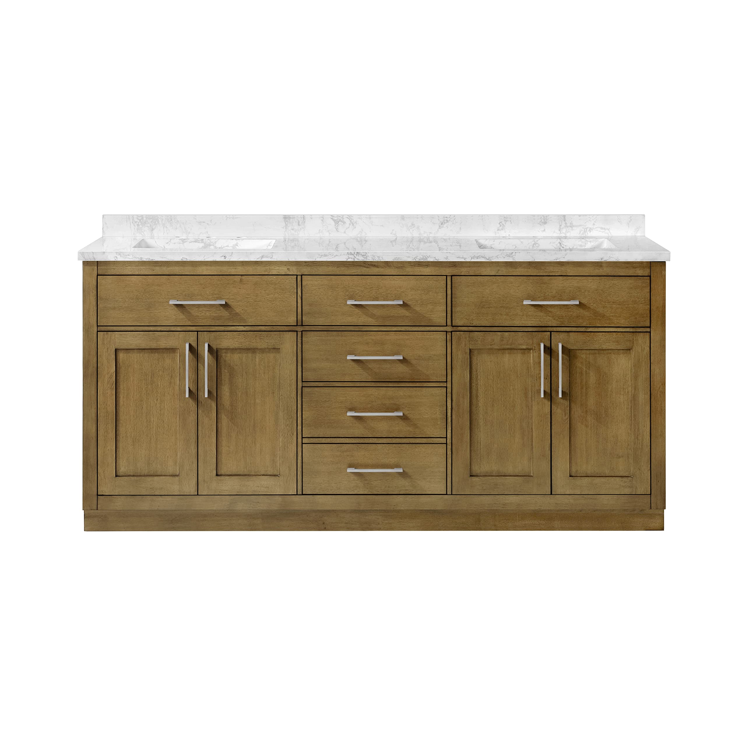 OVE Decors Athea 72 in. Double Sink Bathroom Vanity with Cultured Marble Countertop, Almond Latte Finish With Power Bar and Black Hardware