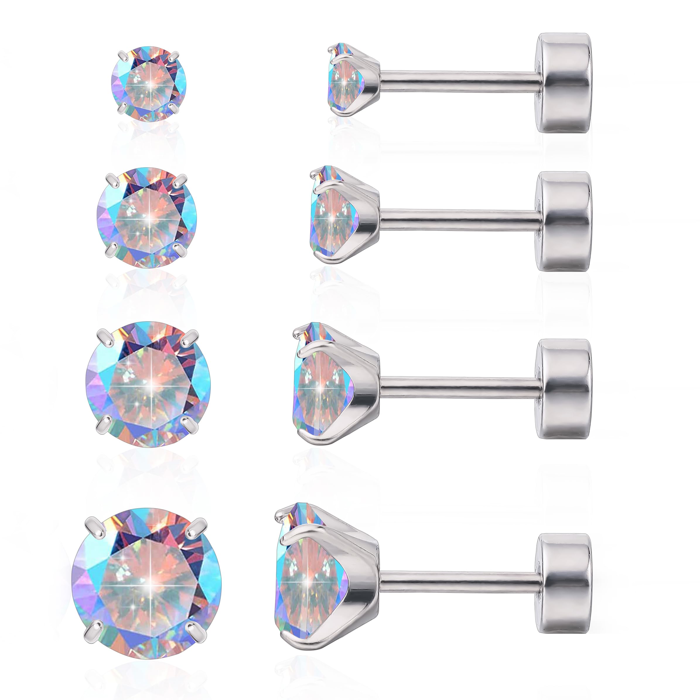 Limerencia 純チタン ピアス 4ペア医療用 スクリューキャッチ金属アレルギー対応 チタン セカンドピアスつけっぱなし 軟骨ピアスセット 男女兼用 (オーロラCZ)