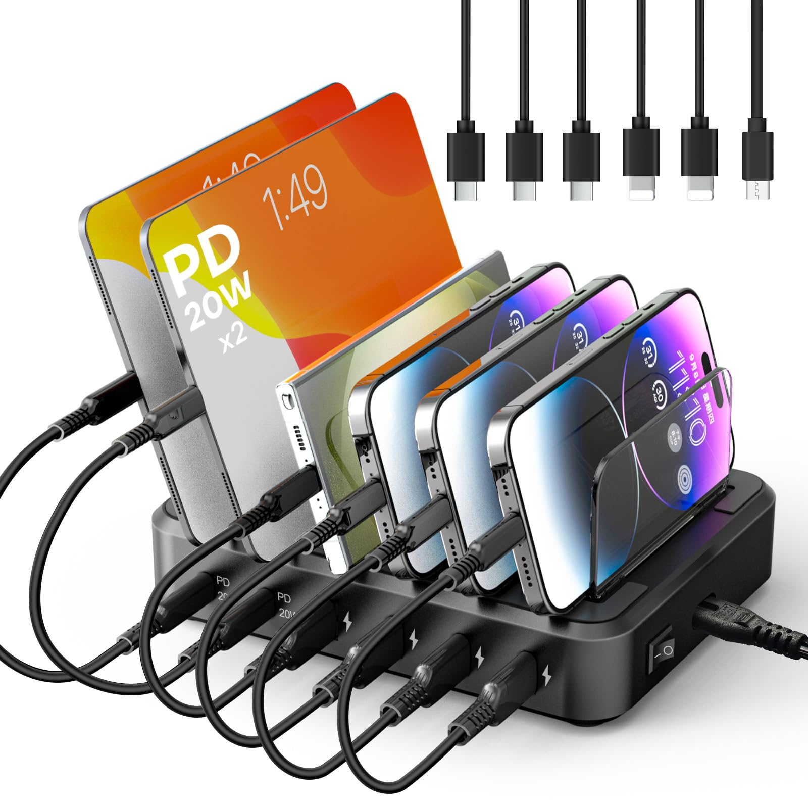 Charging Station for Multiple Devices,65W 6 Port USB C Charger Station with 2 20W PD USB C Port, 6 Short Cables Included,Compatible with iPhone iPad,Tablets Android and More (Black)
