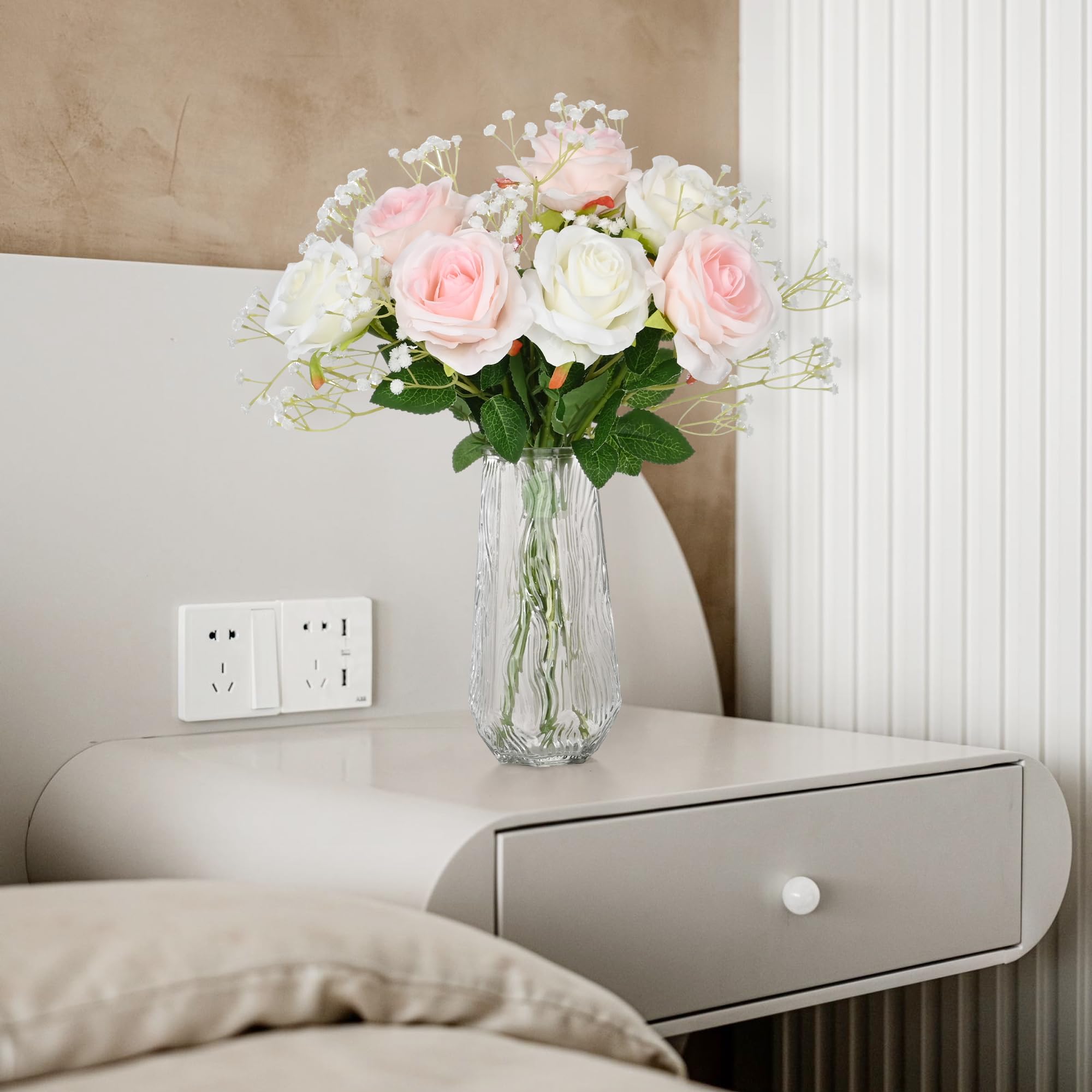 Fake Flowers with Vase, Artificial Flowers in Vase, Table Centerpieces for Dining Room, Pink roses White Roses and Babys breath Arrangements Set, Living Bedroom Decor Gift for GIrls Mother (Pink)