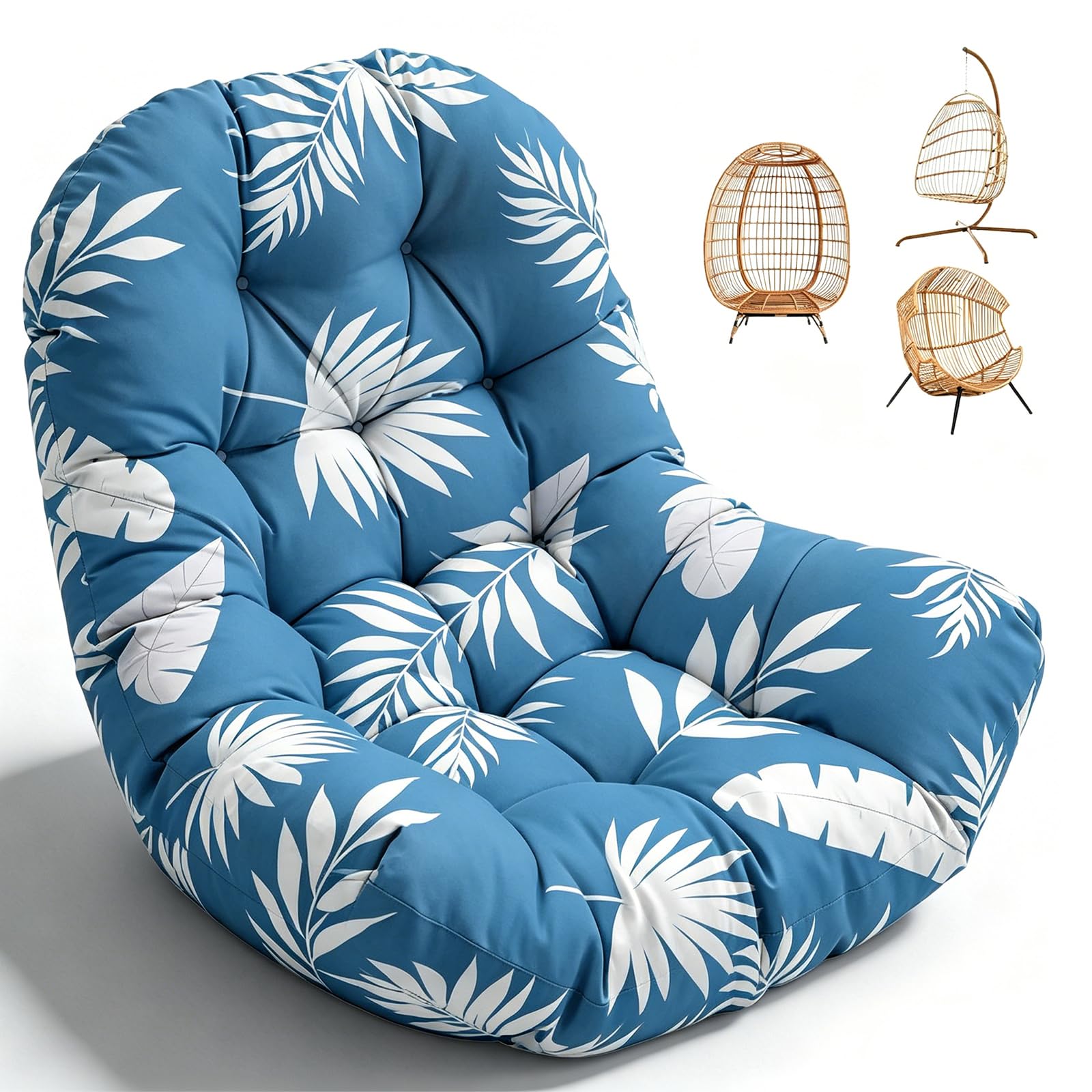 joomie Egg Swing Chair Cushion Replacement Waterproof 120x84x18 cm Thicken Outdoor Patio Hanging Basket Chair Cushions Removable Pad with Ties for Garden Cocoon Egg Hammock Chair, Blue Leaf