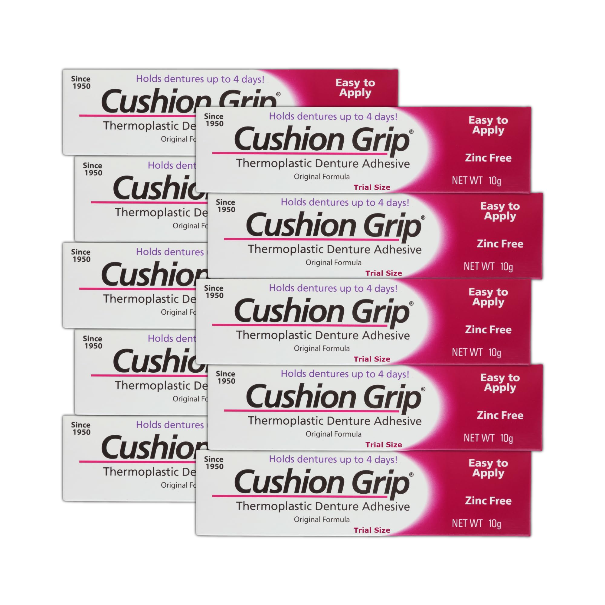 Cushion Grip Thermoplastic Denture Adhesive, 0.35 oz Travel Size (Pack of 10) – Refits and Tightens Loose Dentures for Up to 4 Days | Non-Glue,