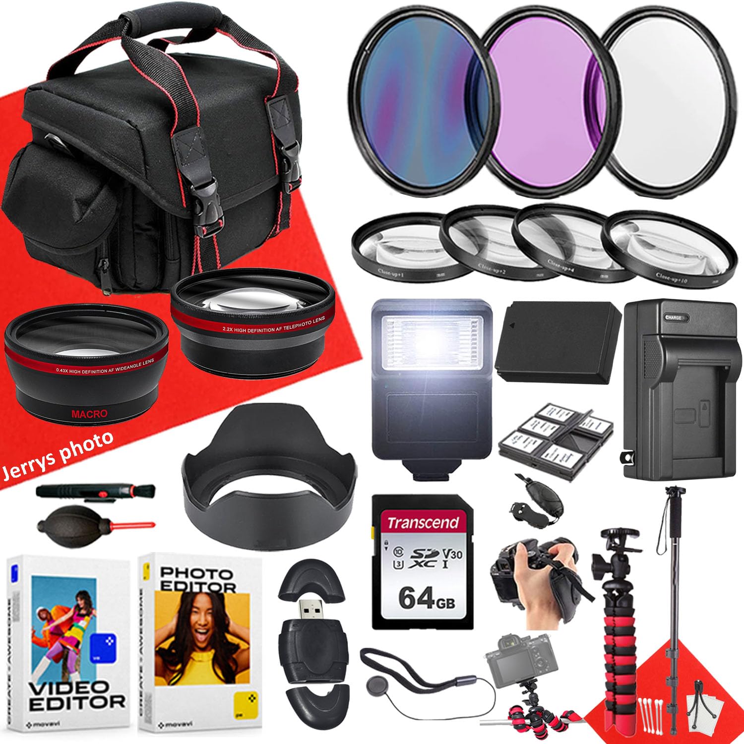 49mm Accessory Bundle for Canon EOS: M100, M200, M50 Mark II, M10, M, M50 + Wide Angle and Telephoto Lens + Battery + 64GB Memory Card + Slave Flash + Filters + Monopod + More (26 pc Bundle)
