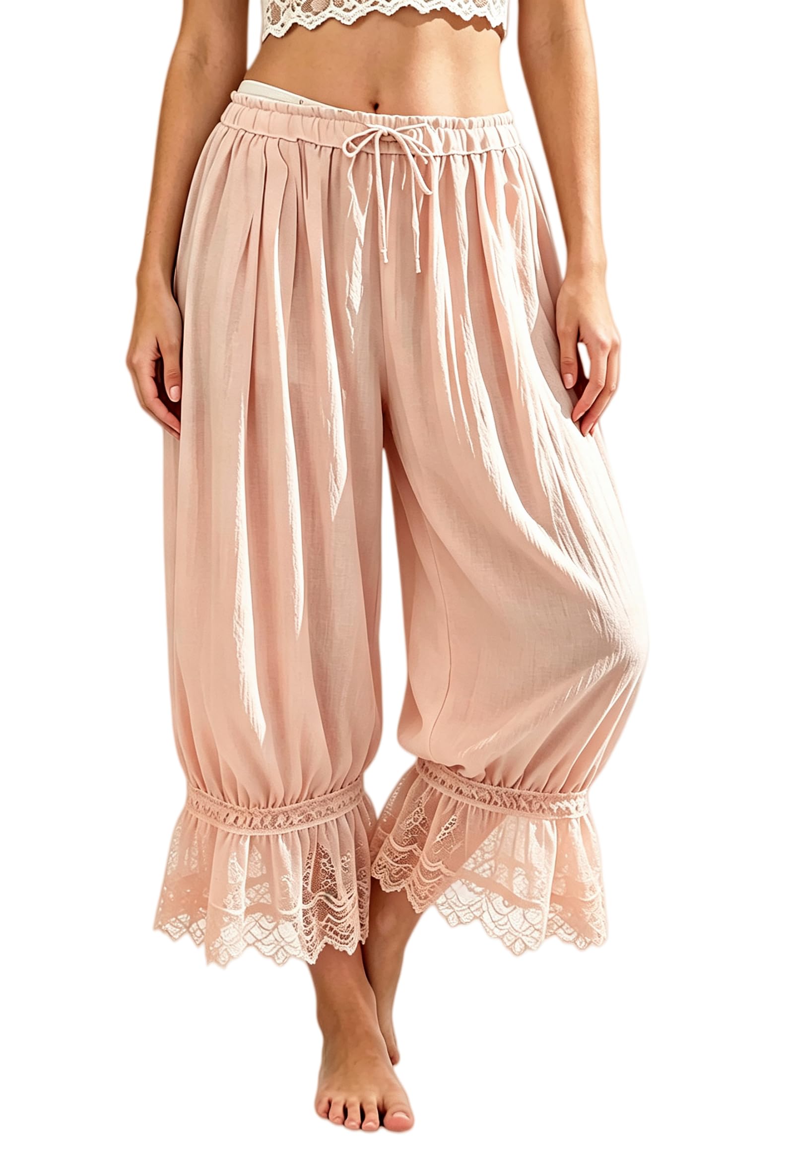 Women Lace Trim Long Bloomers Ruffle Pantaloons Culottes