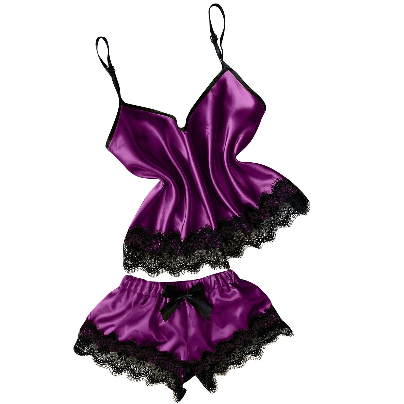 Generic Womens Sexy Lace Pajamas Sets V Neck Cami Top Bow Tie Shorts Lounge Set Soft Comfy Summer