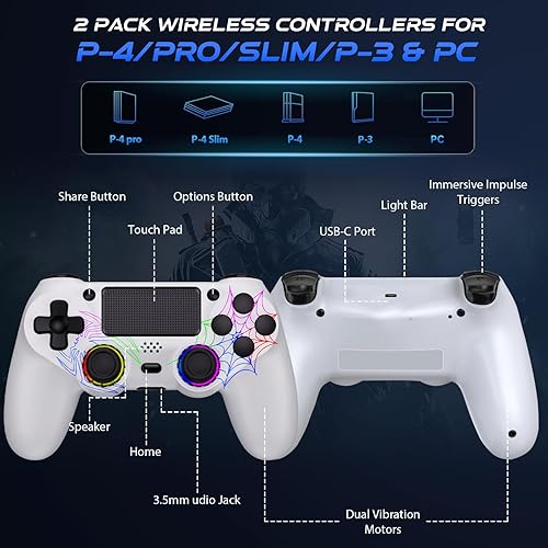 Miniatura 5 de Fanyooge Controller Wireless for PS4, 2 Pack Spider Pattern RGB Controller for Ps4 with Hall Effect Joystick1000mAh BatteryUSB CDual Vibration6-Axis