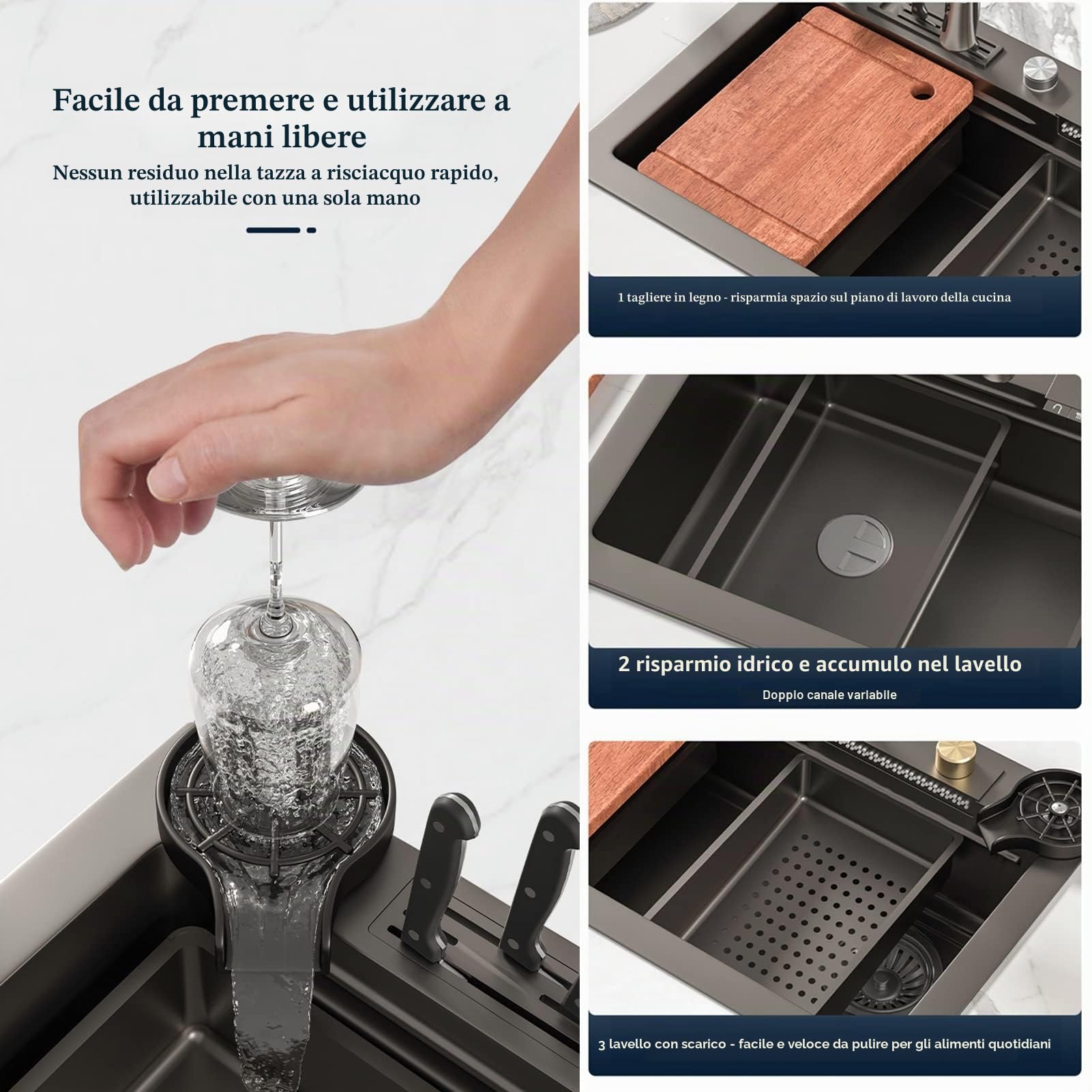 Lavello da Cucina A Una Vasca 304 in Acciaio Inox, Lavello A Cascata Dell'intelligenza, Lavello della Postazione di Lavoro della Cucina con Rubinetto Estraibile (Color : Black-Grey, S : 75x46cm)