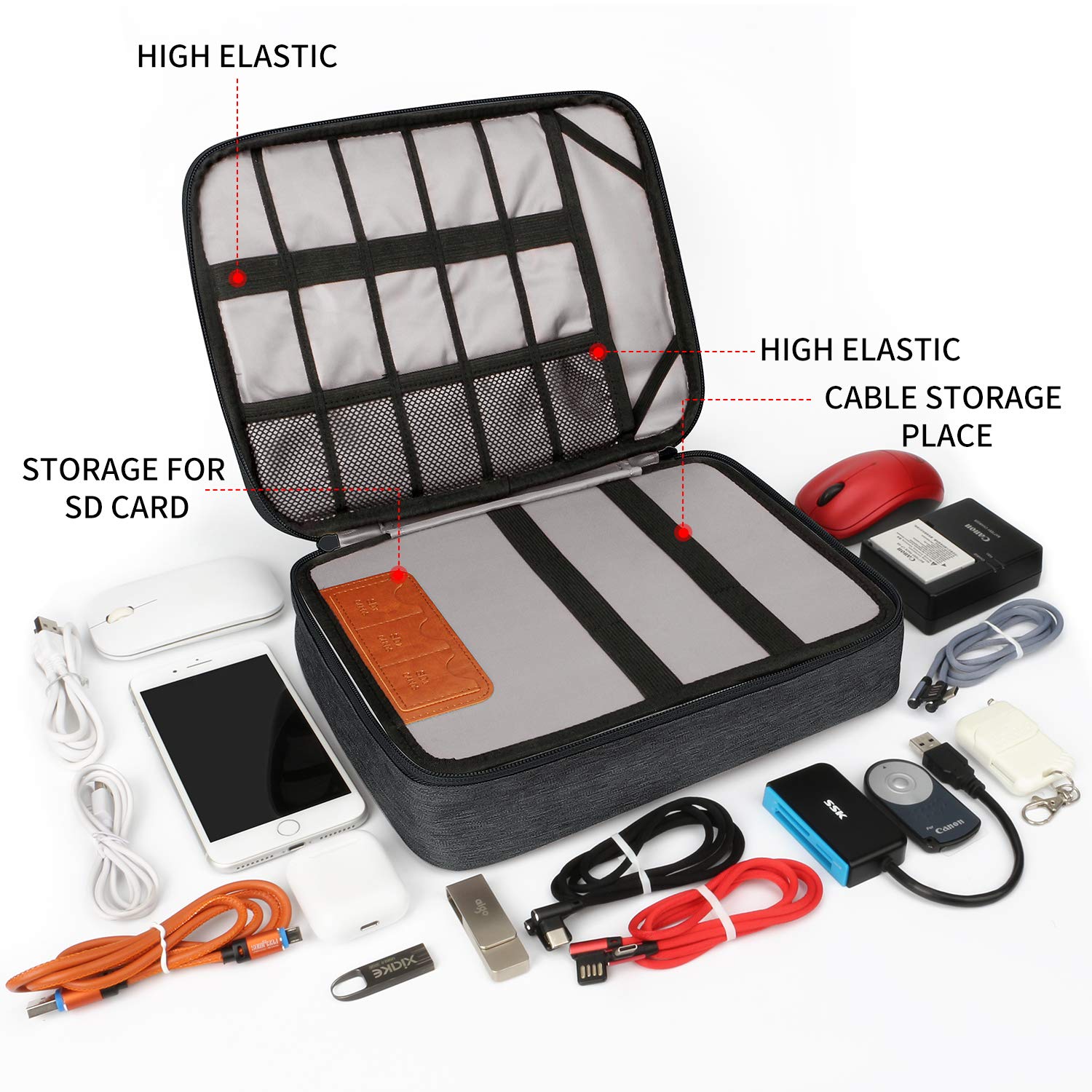 HOLIMET Kabel Organizer Tasche, elektronische Zubehörtasche Doppelschicht für Reisen wasserdichte Kordel Aufbewahrungstasche für iPad, Kindle, Festplatten, Kabel, Ladegeräte, Power Bank und mehr