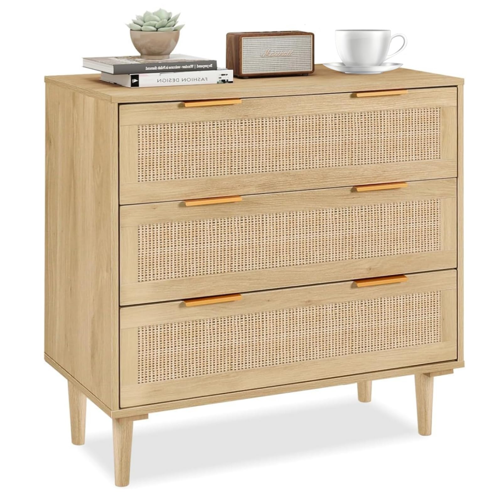 YMBSBUY Rattan Dresser for Bedroom 3 Drawer Dresser for Closet, Boho Rattan Chest of Drawers, Modern Natural Wood Chest for Kids Bedroom, Living Room,