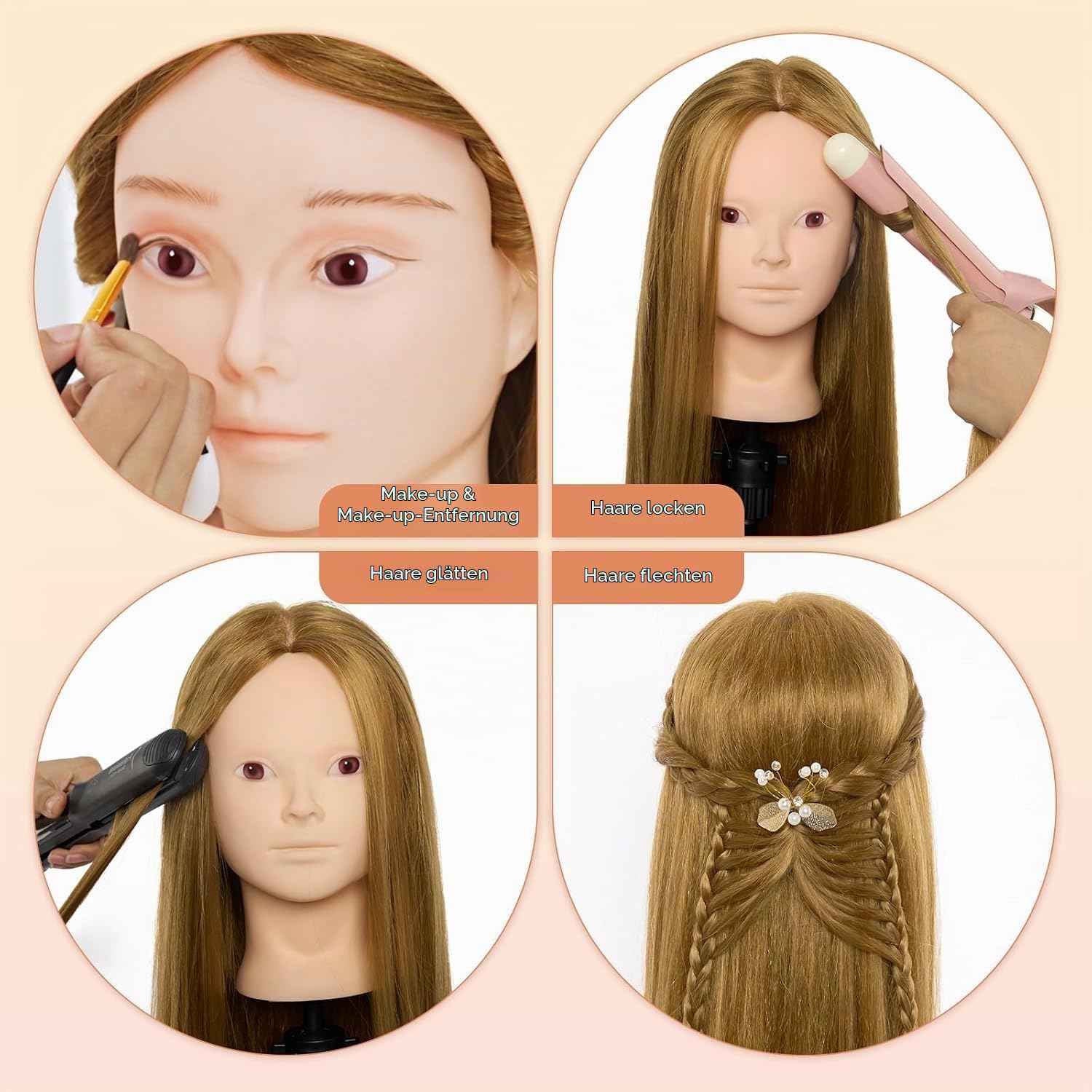 Schminkkopf 50% Echthaar mit Ständer 24" Frisierkopf Friseur Friseurkopf | Trainingsköpfe Übungskopf Puppenkopf Ausbildung Kopf Mit Halter + Hair Styling Braid Set
