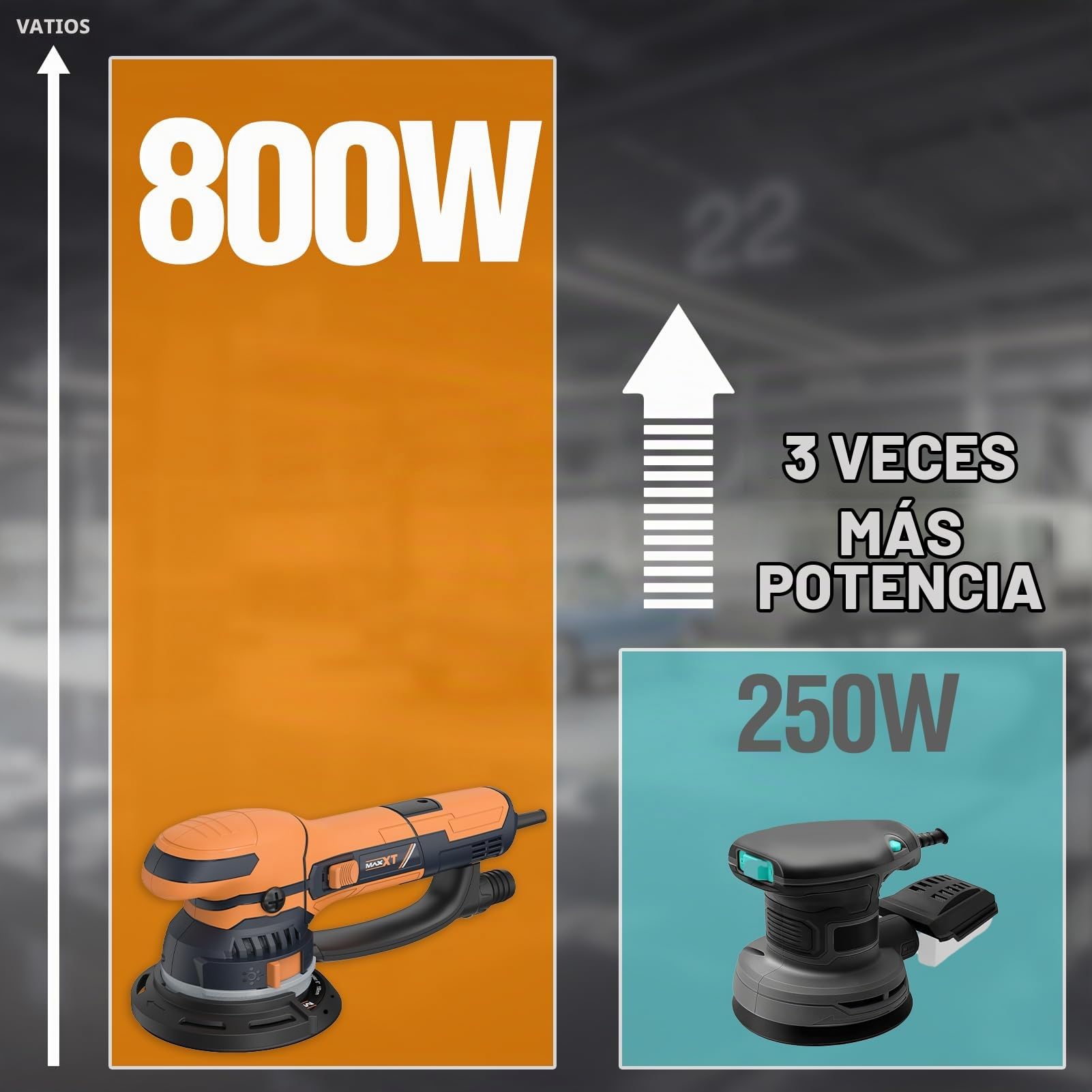 MAXXT Lijadora Orbital de Modo Dual 800W: 2 Modos (Grueso y Fino) / Extracción de Polvo de Alta Eficiencia / 6 Velocidades (3300-7400 RPM) — Ideal para Restauración de Pintura de Autos, Meta y Madera