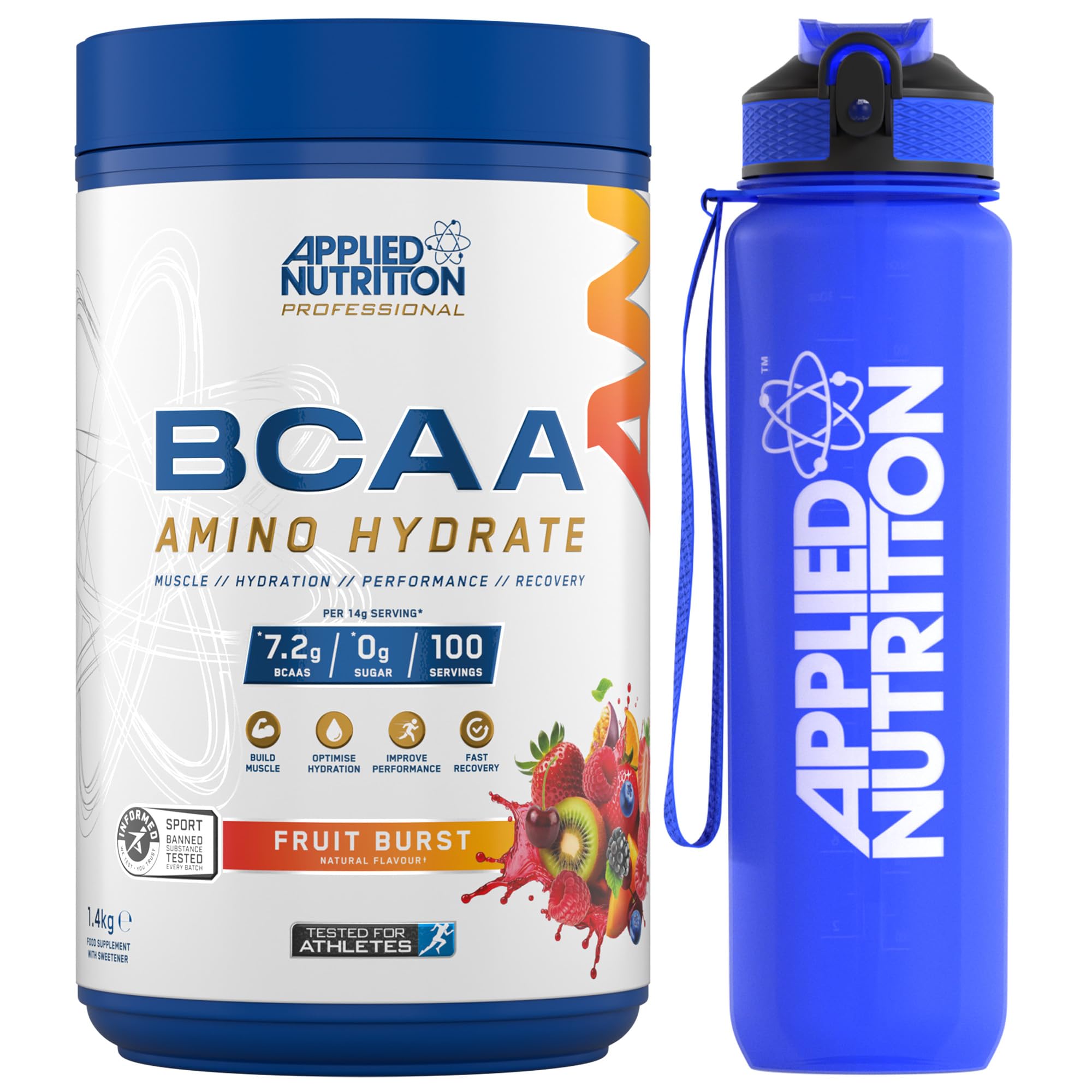 Applied Nutrition Bundle BCAA Amino Hydrate Powder 1.4kg + Lifestyle Water Bottle 1000ml | Branched Chain Amino Acids Supplement, Electrolytes, B Vits, Intra Workout & Recovery Drink (Fruit Burst)