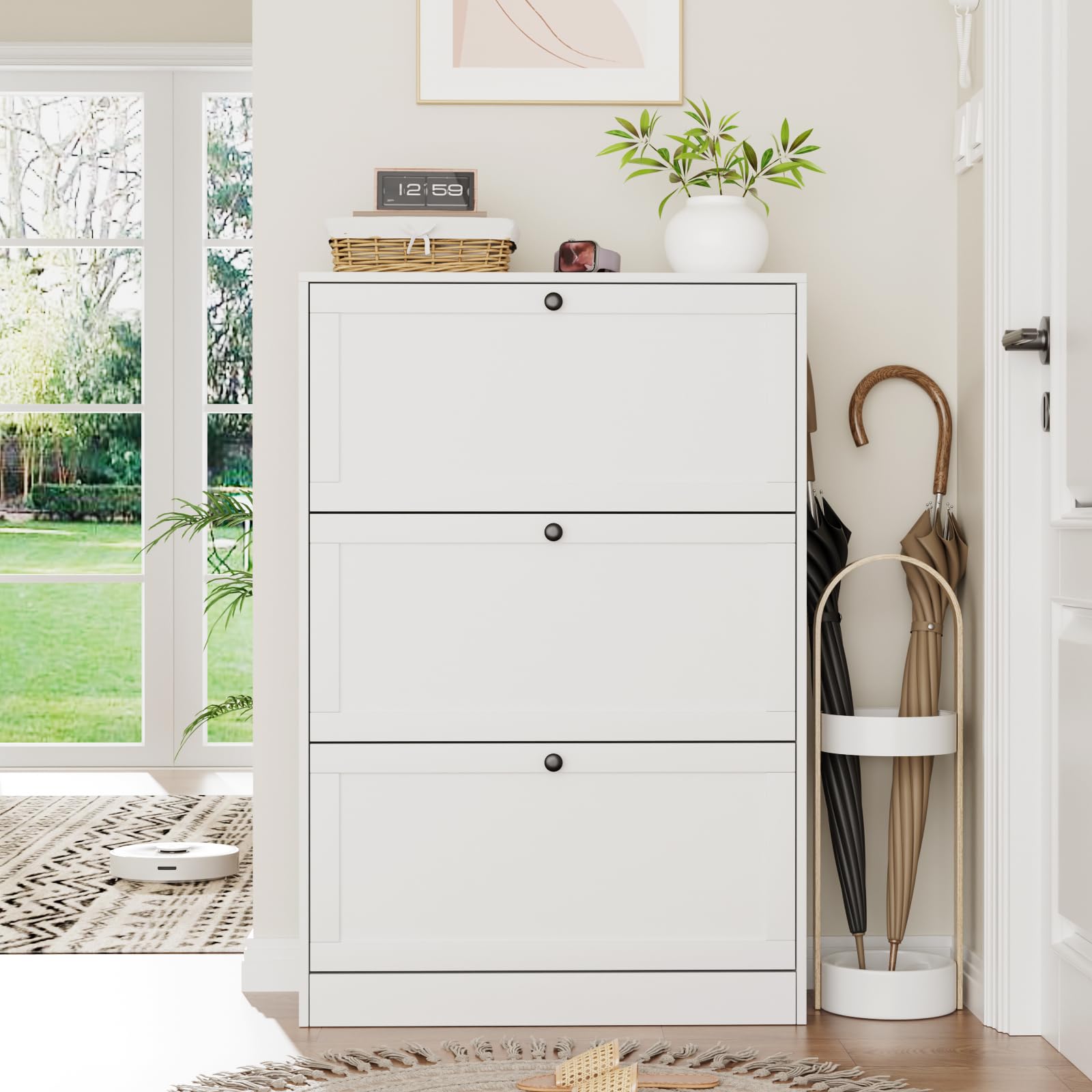 VOWNER Zapatero Estrecho, Zapatero 3 Puertas, Zapatero Entrada Recibidor, 80 x 30 x 117 cm (Largo x Ancho x Alto), Zapatero Madera, para Entrada Estrecha, Pasillo (Blanc)