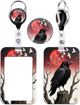 Gothic Crow & Blood Moon Retractable Badge Holder, Durable Metal Clip & Clear ID Window, Stylish Lanyard for Work, School, Events, Horror Themed ID Card Reel with Clip for Kids, Boys, Men