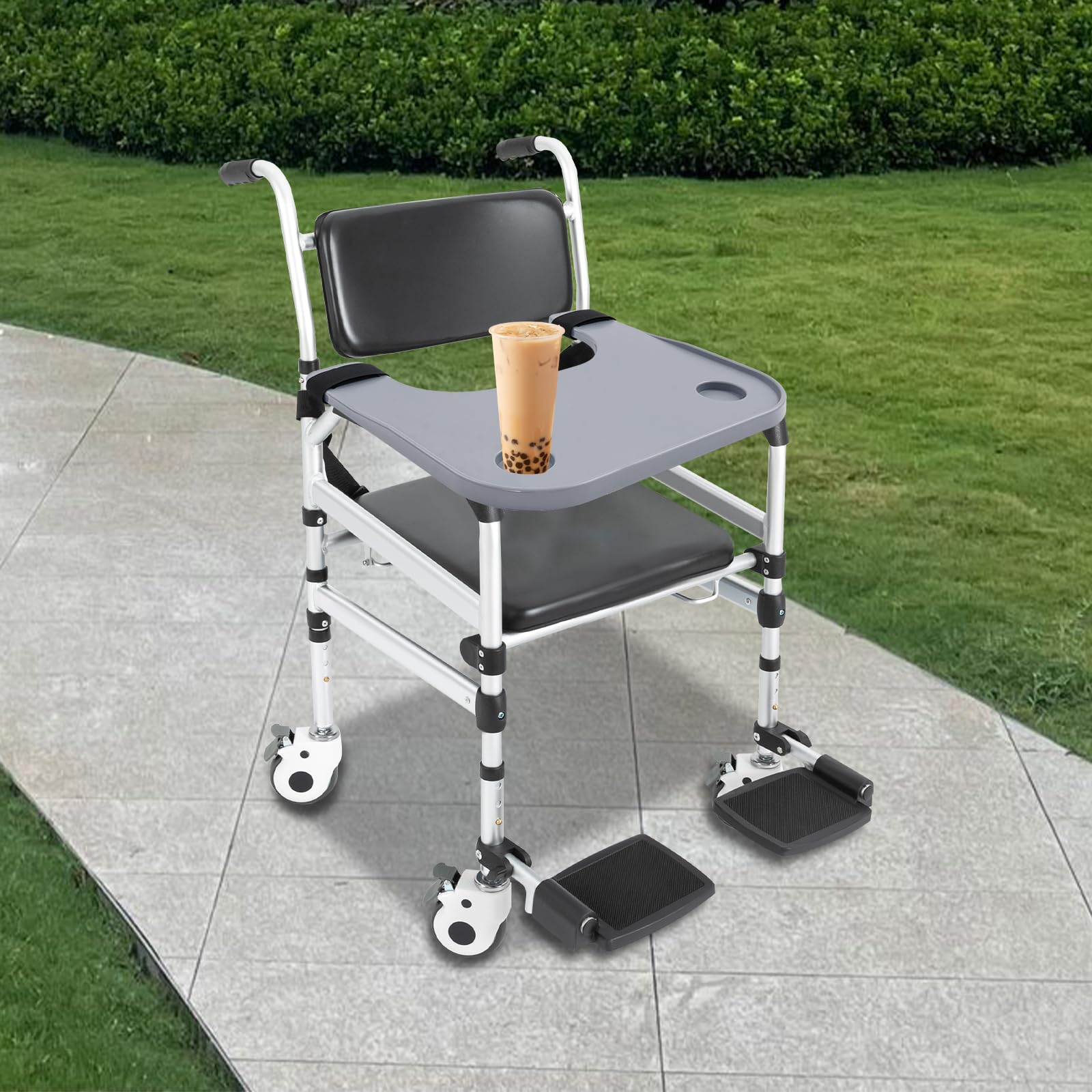 Rollstuhltisch abnehmbar, Rollstuhl Tablett mit Getränkehaltern, ABS Ess- und Arbeitstablett, Anti-Rutsch, einfache Befestigung, für Senioren, Pflege, Mobilitätshilfe, 58 × 53cm