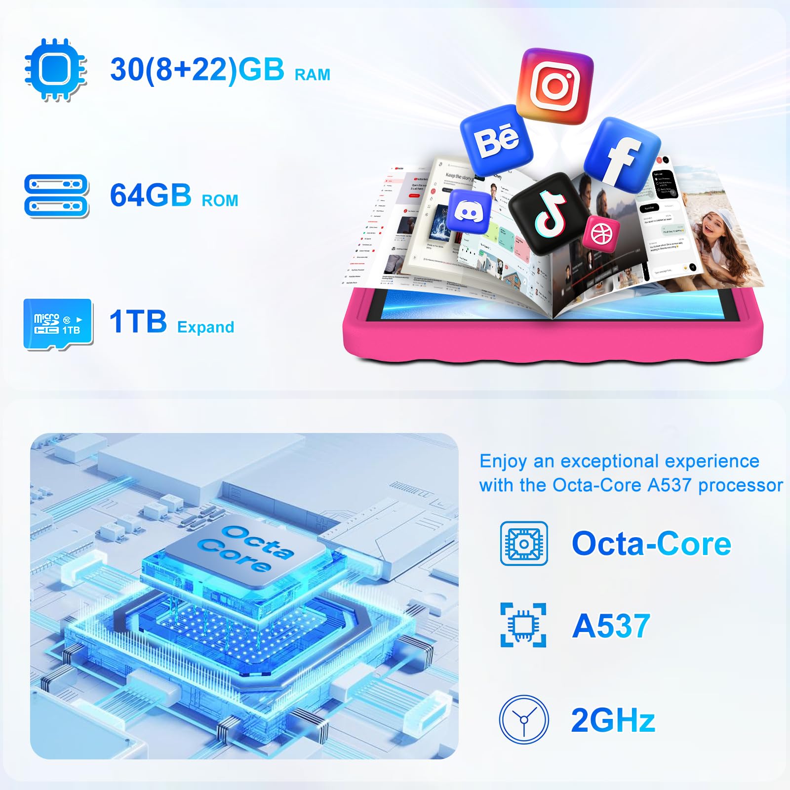 DMOAO Tablette Enfants 10 Pouces Android 15 avec 30Go RAM (TF 2To), 5G WI-FI 6, Widevine L1, Contrôle Parental, 8-Core, Tablette Tactile avec Coque Antichoc EVA + Support Rotatif à 360°,Rose Rouge