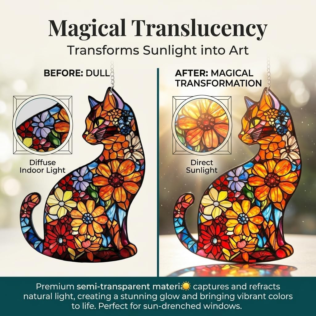 Cat Stained Glass Suncatcher for Windows Hanging, Memorial Gift for Cat Lovers, Gifts for Women Mom Nana Grandma, Sun Catcher Window Ornament (8 Inch)