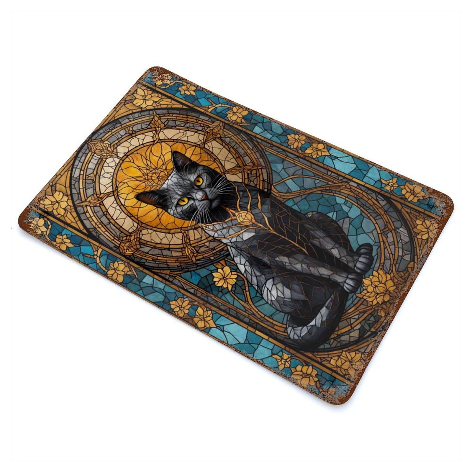 Rust Effect Black Cat Stained Glass Rusty Metal Tin Sign 11.8"x7.9", Farmhouse Wall Decor for Shed, Workshop And Garage Wall Decor