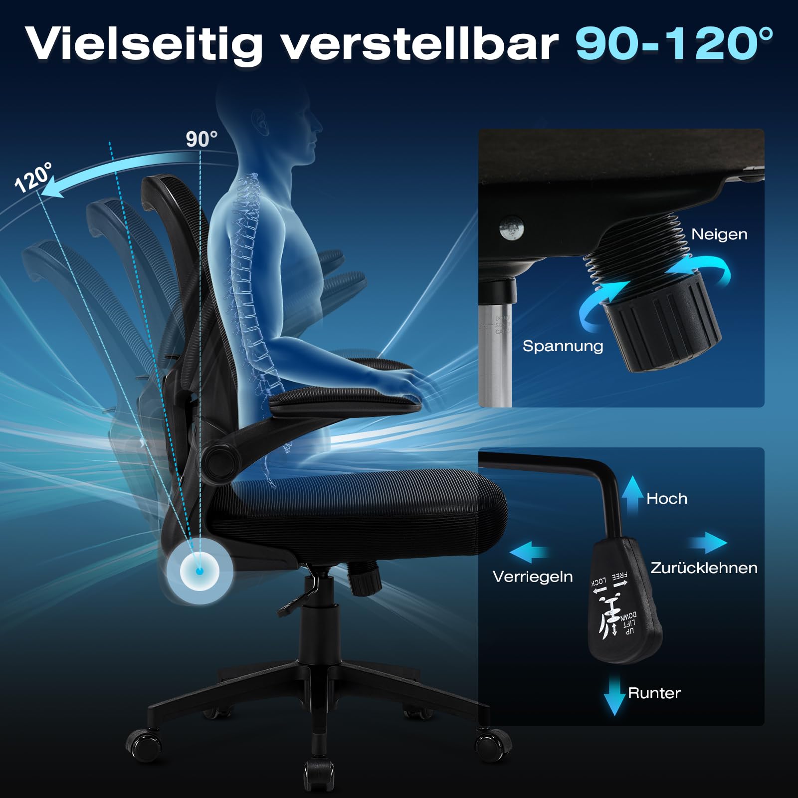Hellove Home Office Schreibtischstuhl, Ergonomischer Computer-Mesh-Arbeitsstuhl mit mittelhoher Rückenlehne, höhenverstellbarem, bequemem Sitz, Drehstuhl mit hochklappbaren Armlehnen
