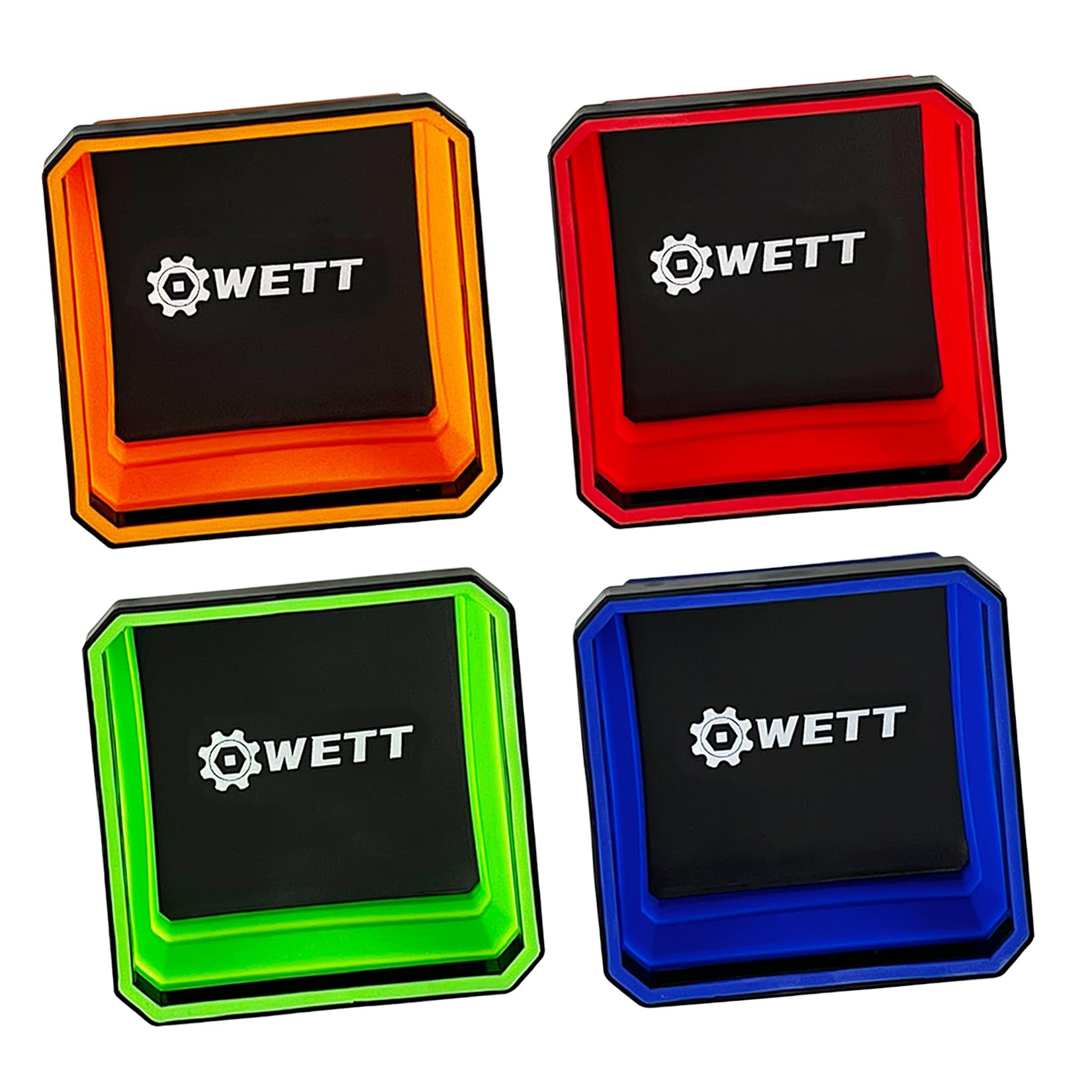 WETT Collapsible Magnetic Parts Tools Tray Set, 4-Pack Foldable 4.5” Square Silicone Bowls with Double Sided Magnetic Base, for Storing Bolts, Screws, Nuts, Pins, Washers and Other Small Metal Parts