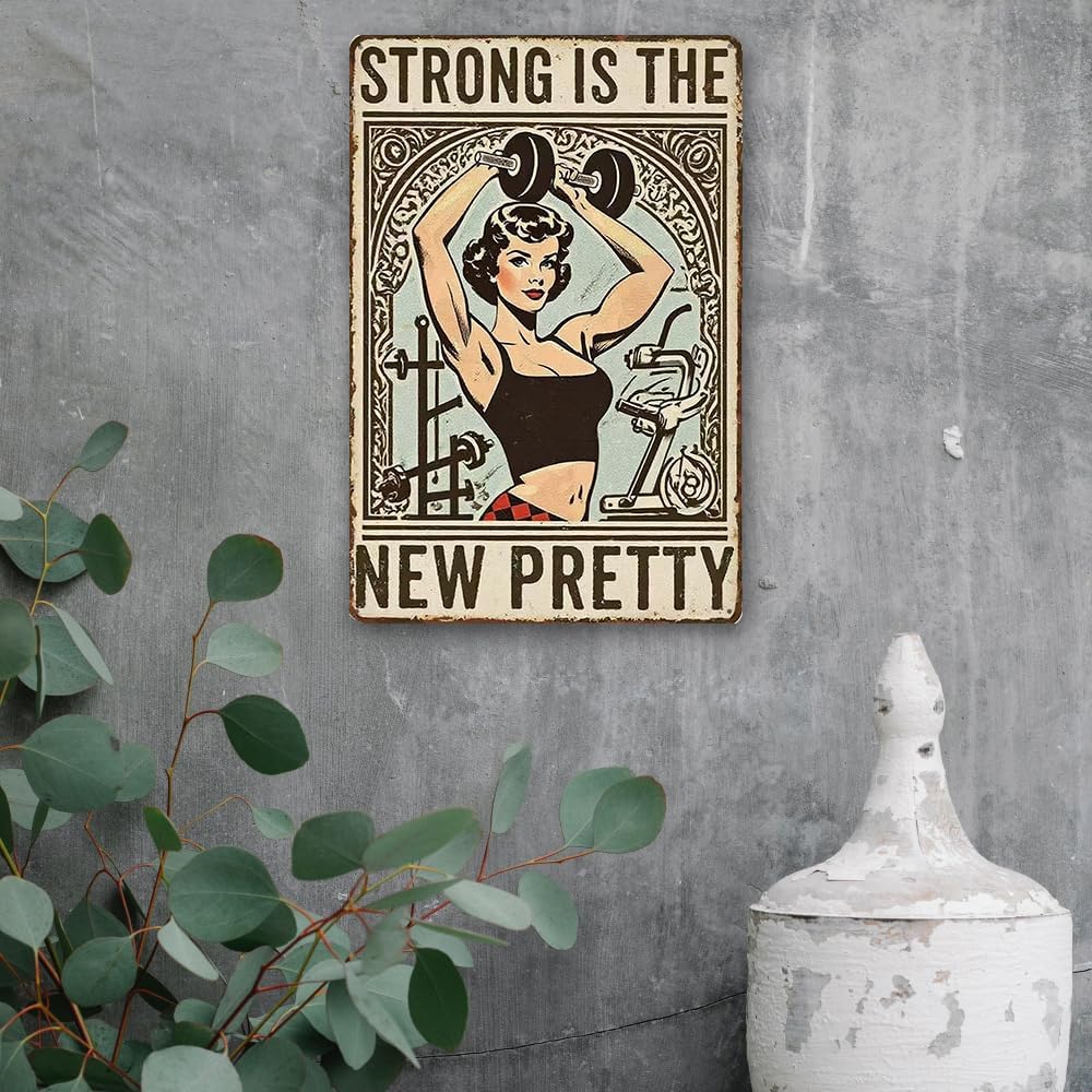 Fitness Motivational Metal Sign - "Strong Is The New Pretty" Gym Wall Art Decor, Home Gym Poster for Workout Room, Inspirational Workout Signs for Women & Men, Iron Gym Decorations 8x12 Inch