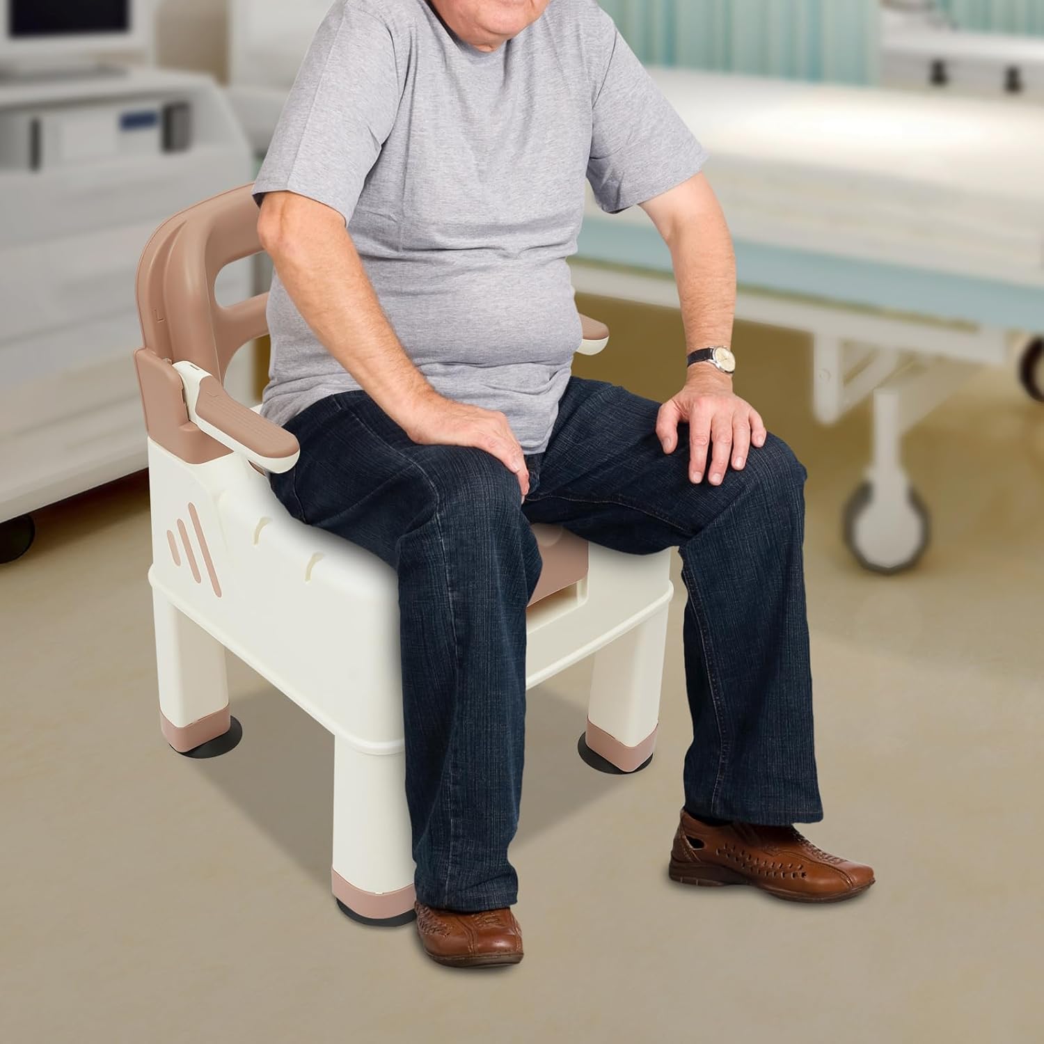 Shower Chair, Bath Safety Seat, Eligible Bedside Commode, Portable Toilet Chair, Bedside Commodes Chair, Safety Commode Toilet, Toilet Chair with Duty Drop Arm, 18.5 * 17.72 * 25.98in, Coffee