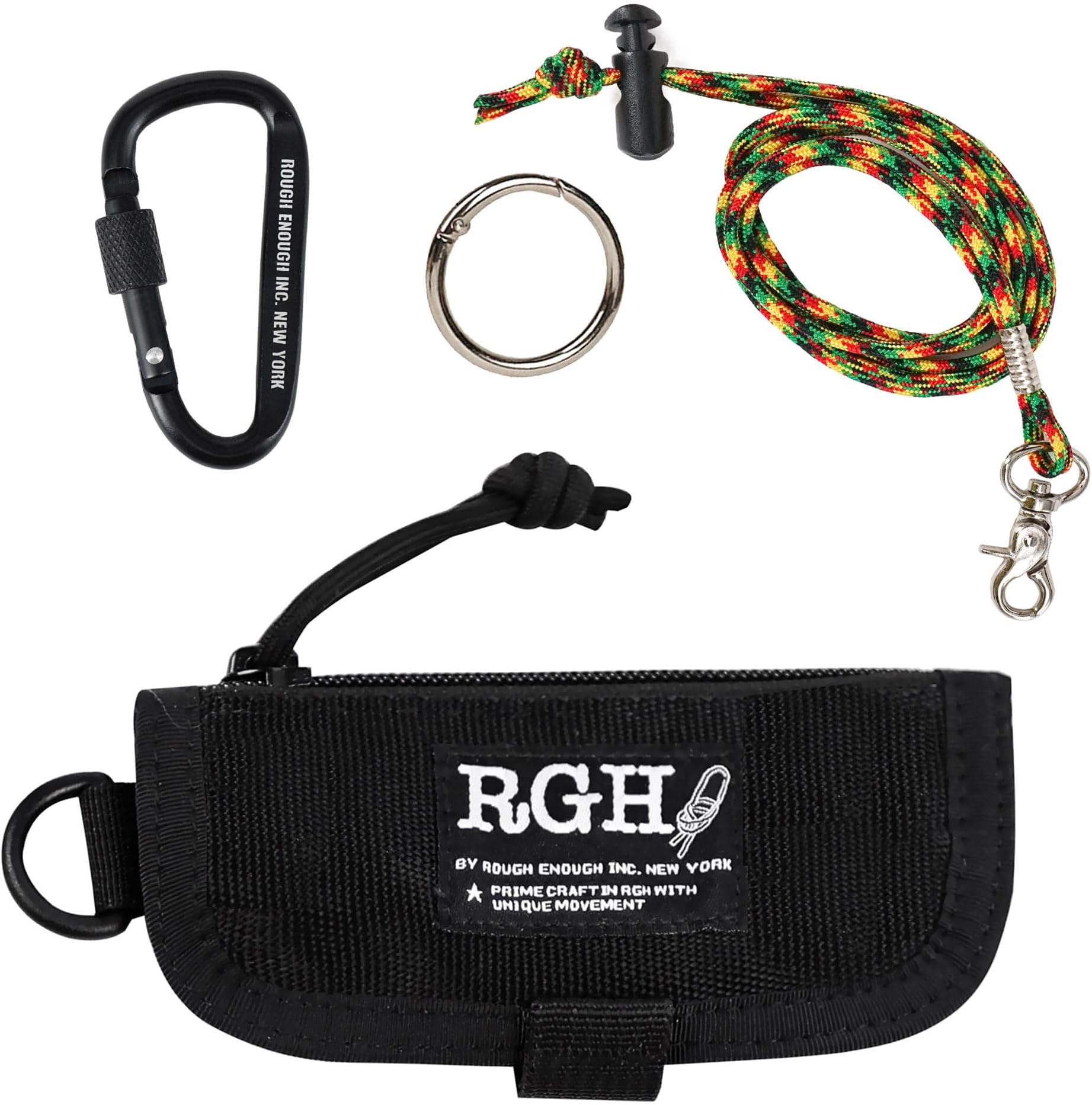 Rough Enough Key FOB Holder Keychain Pouch Key Organizer with Zipper Coin Pocket Lanyard Carabiner for Car Keys Coins for Travel Outdoor Daily Use in Black Nylon