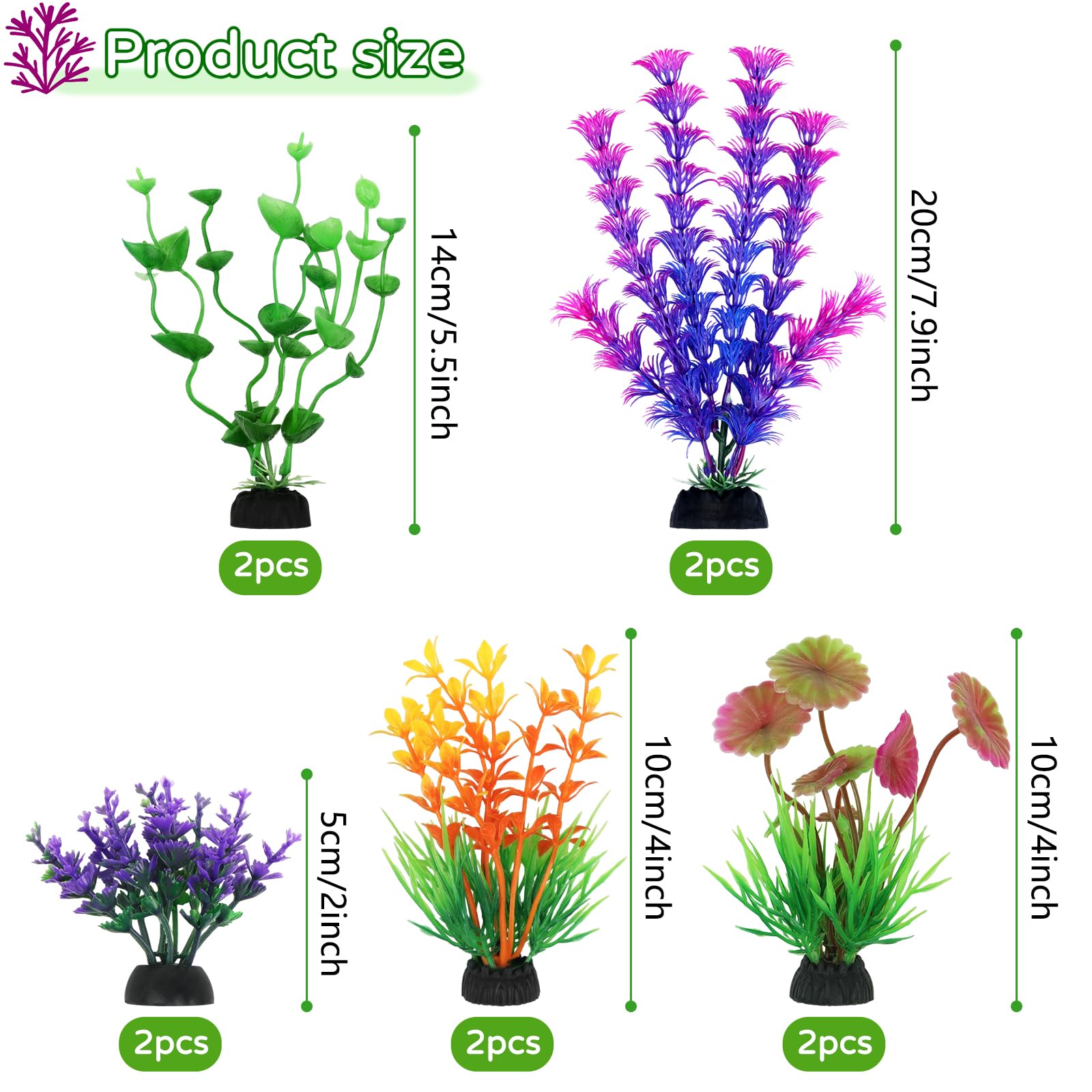 QUOZUO Aquarium-Dekorationen, 10 Stück bunte Aquariumpflanzen aus Kunststoff, Aquarium-Zubehör, Mini-Aquarium-Pflanzen, Aquarium-Dekoration