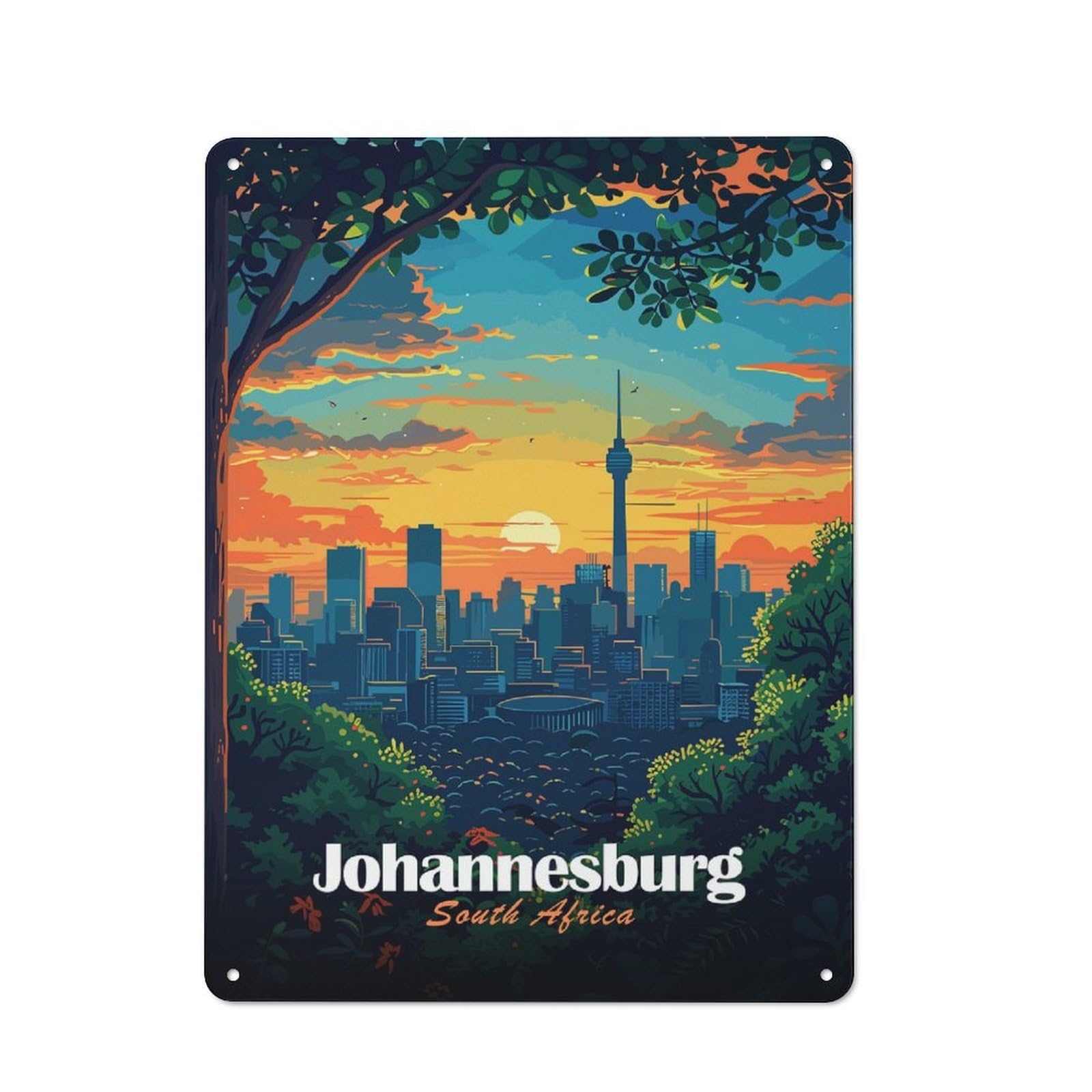 Junmoney Style-22 Vintage Tin Sign 40X30cm With Johannesburg South Africa Cityscape Illustration For Dining Room Or Kitchen, For Autumn Interiors With Vintage Character