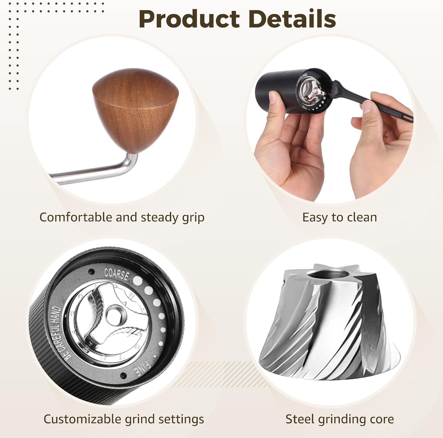 Manual Coffee Burr Grinder, Hand with 6-Pointed Steel Core, Adjustable Grind, Portable, for Home, Travel, Office, Camping