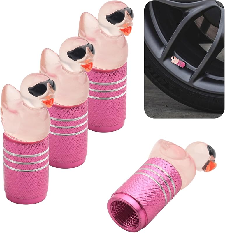 4PCS Cute Sunglasses Duck Tire Valve Caps,Leak Proof Car Tire Valve Stem Caps for Car Decorations & Protection,Universal Dustproof Cars Tires Cap Cars Accessories (Pink)