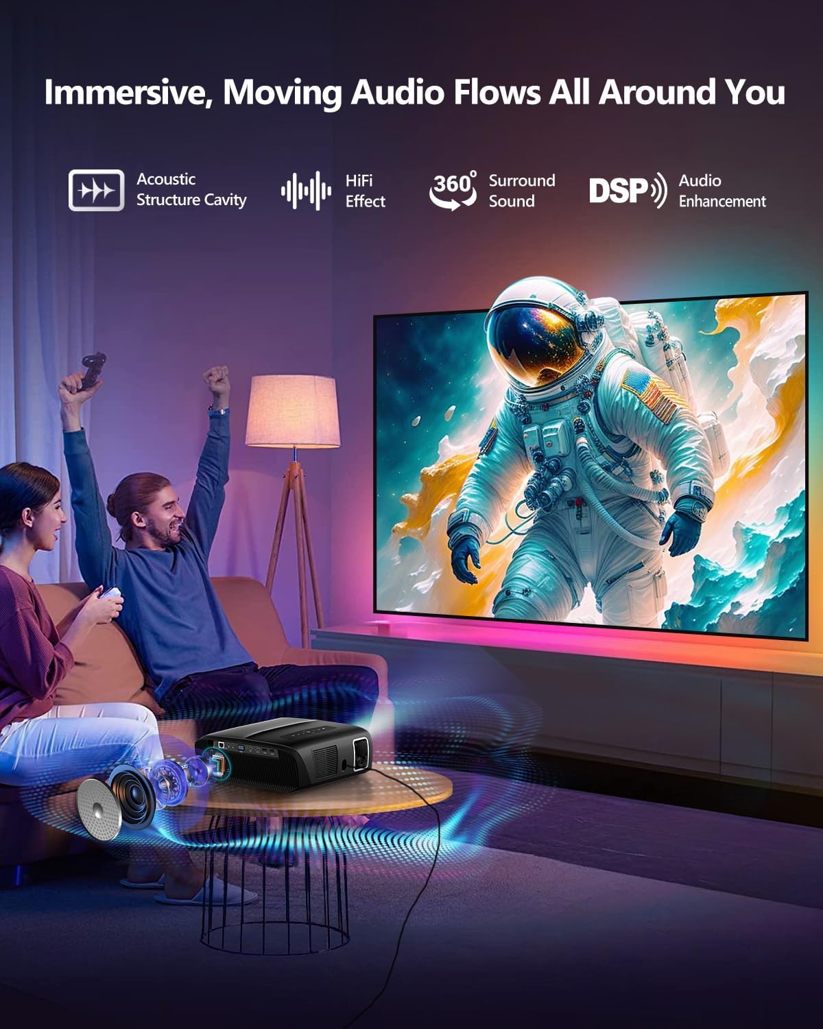 ZCGIOBN 1500 ANSI Wireless Projector showing immersive audio