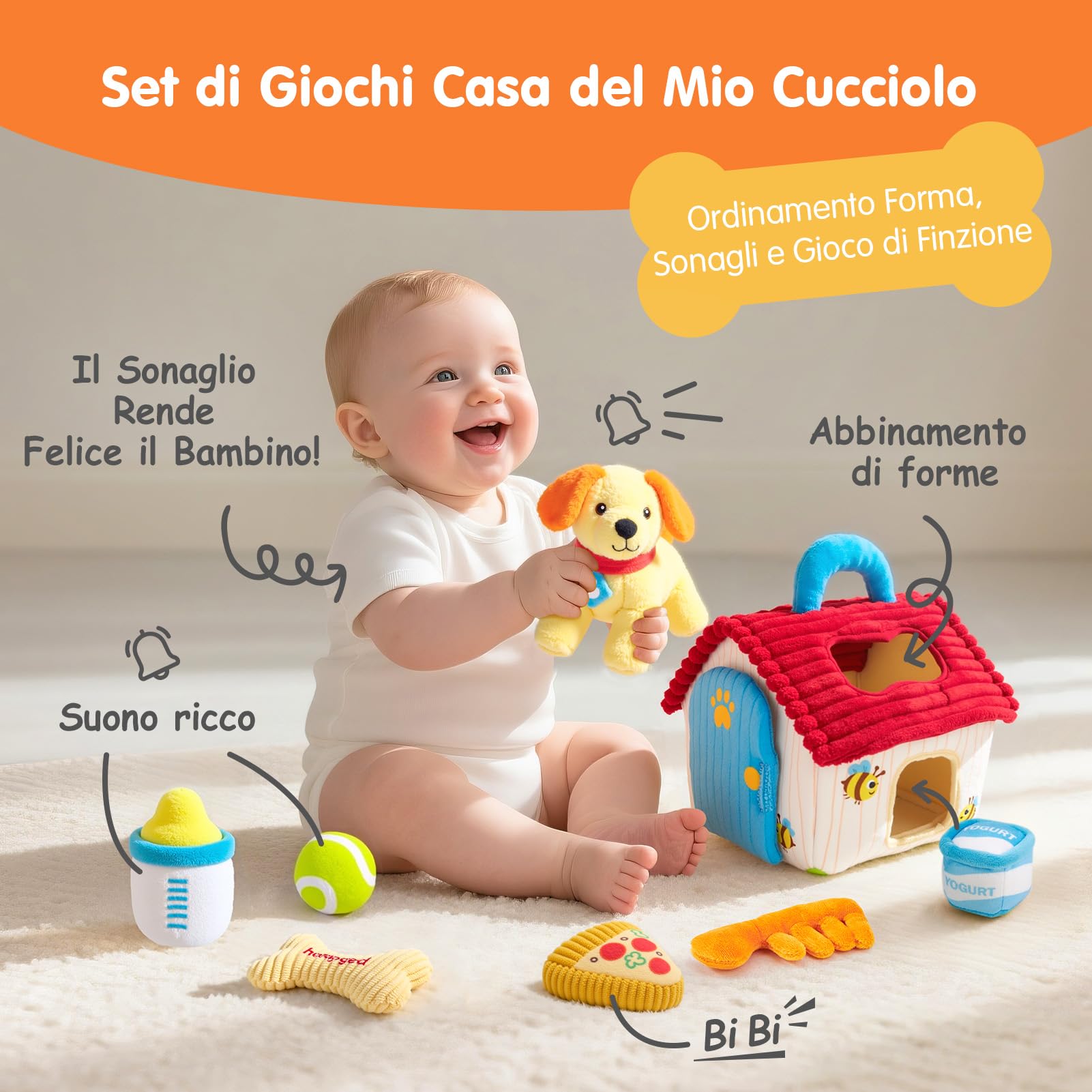 hahaland Giochi Neonato 6 Mesi - 8 PCS Set di Cane Peluche con Fienile & Corrispondenza delle Forme - Giocattolo Educativi per Bambini, Montessori Sensoriale Regalo Bimbo Bimba 6 9 12 Mesi