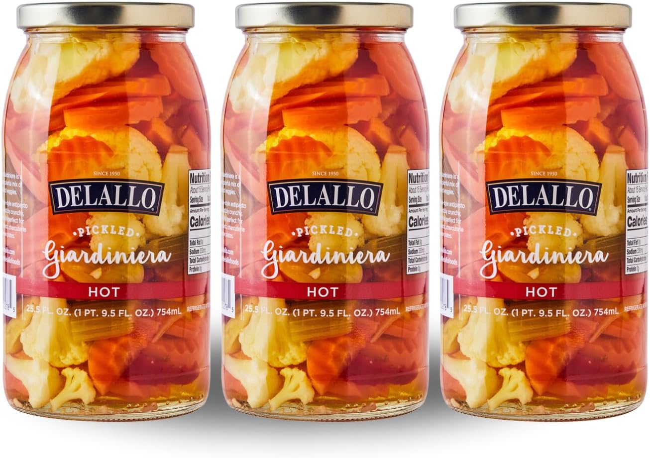 DeLallo Hot Giardiniera, 25.5 Ounce Jar, (3 Pack), Spicy Hot Pickled Mixed Vegetable Condiment for Sandwiches and Burgers, 100% Cured, Gluten Free, Non-GMO, Vegan