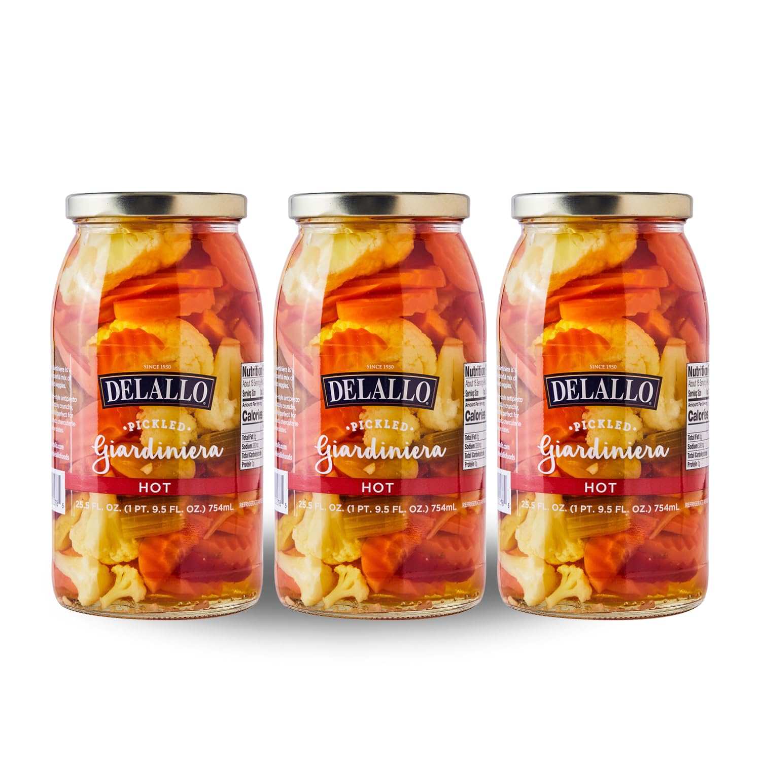 DeLallo Hot Giardiniera, 25.5 Ounce Jar, (3 Pack), Spicy Hot Pickled Mixed Vegetable Condiment for Sandwiches and Burgers, 100% Cured, Gluten Free, Non-GMO, Vegan