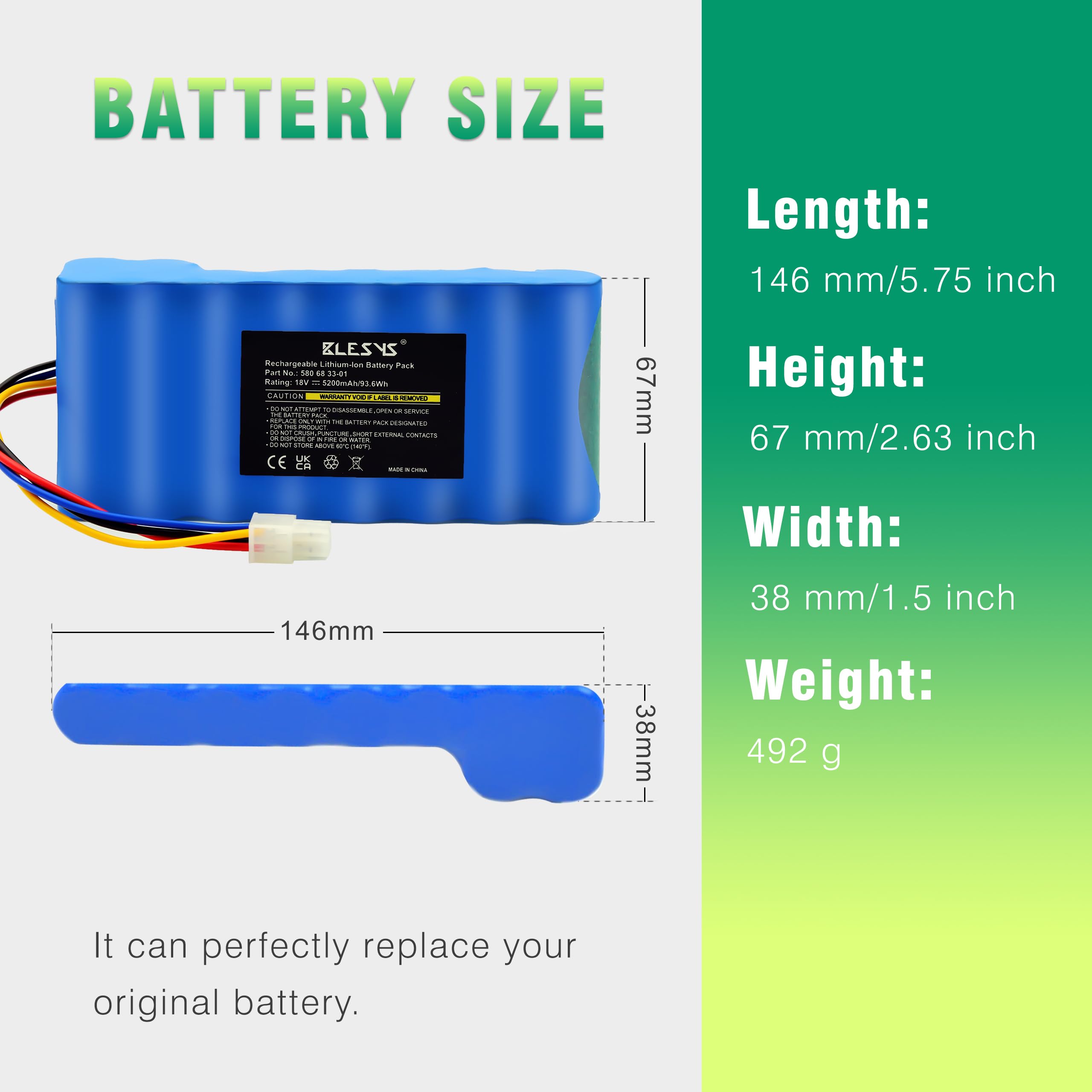 BLESYS 18 V 5200 mAh Batería para Husqvarna Automower 320 330X (2013 2014 2015) 420 (2016 2017 2018 2019) Batería de Repuesto para Robot Cortacésped 580 68 33-01, 580 68 33-02