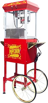 Popcorn Machine Cart, Popcorn Popper on Wheels Movie Theater Style Popcorn Machine, 8 oz Popcorn Maker Machine with Cart and Stainless Steel Kettle for Commercial Home Movie Theater Red